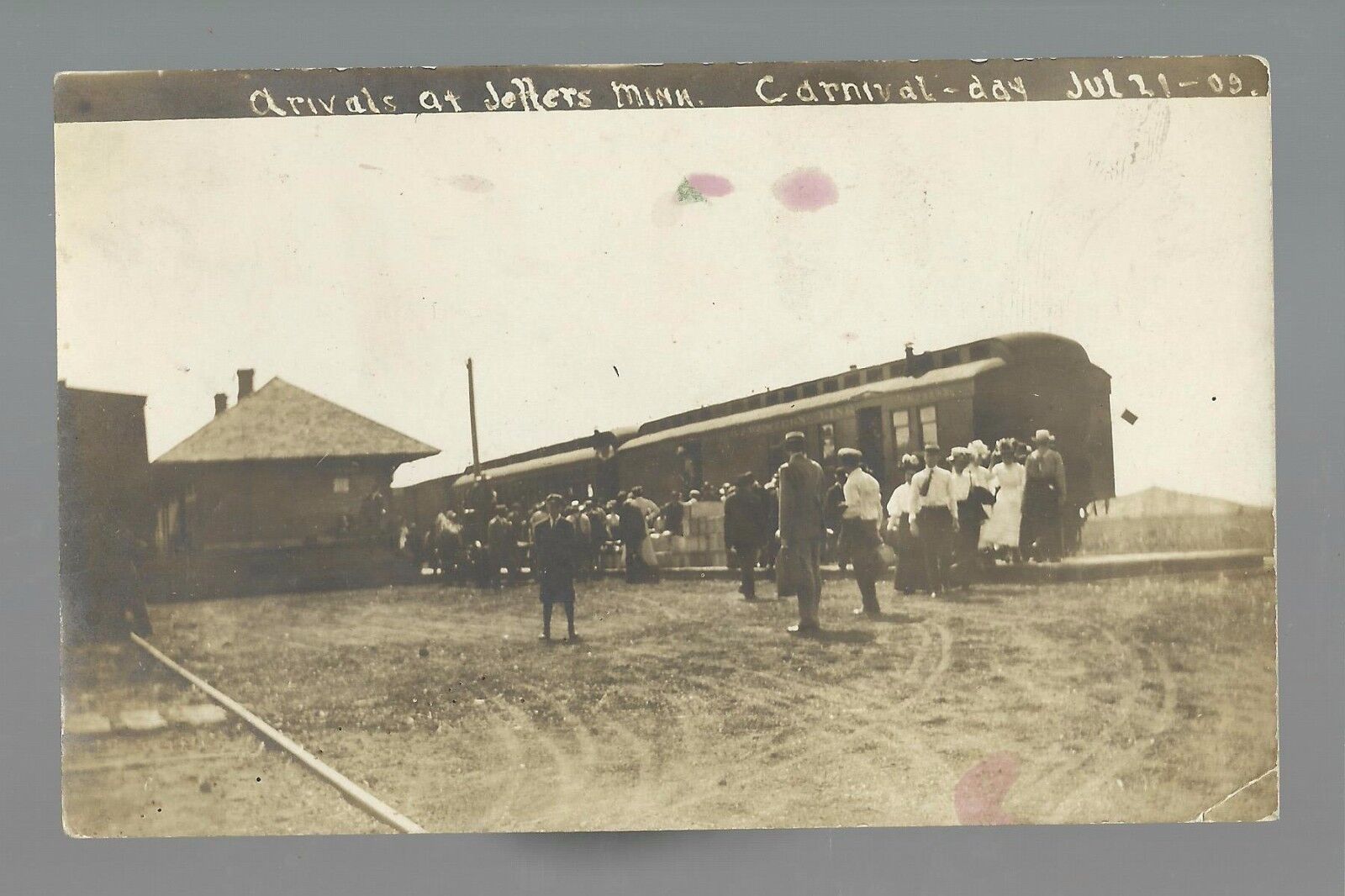 Jeffers MINNESOTA RPPC 1909 DEPOT & TRAIN Station CARNIVAL nr Windom Lamberton 