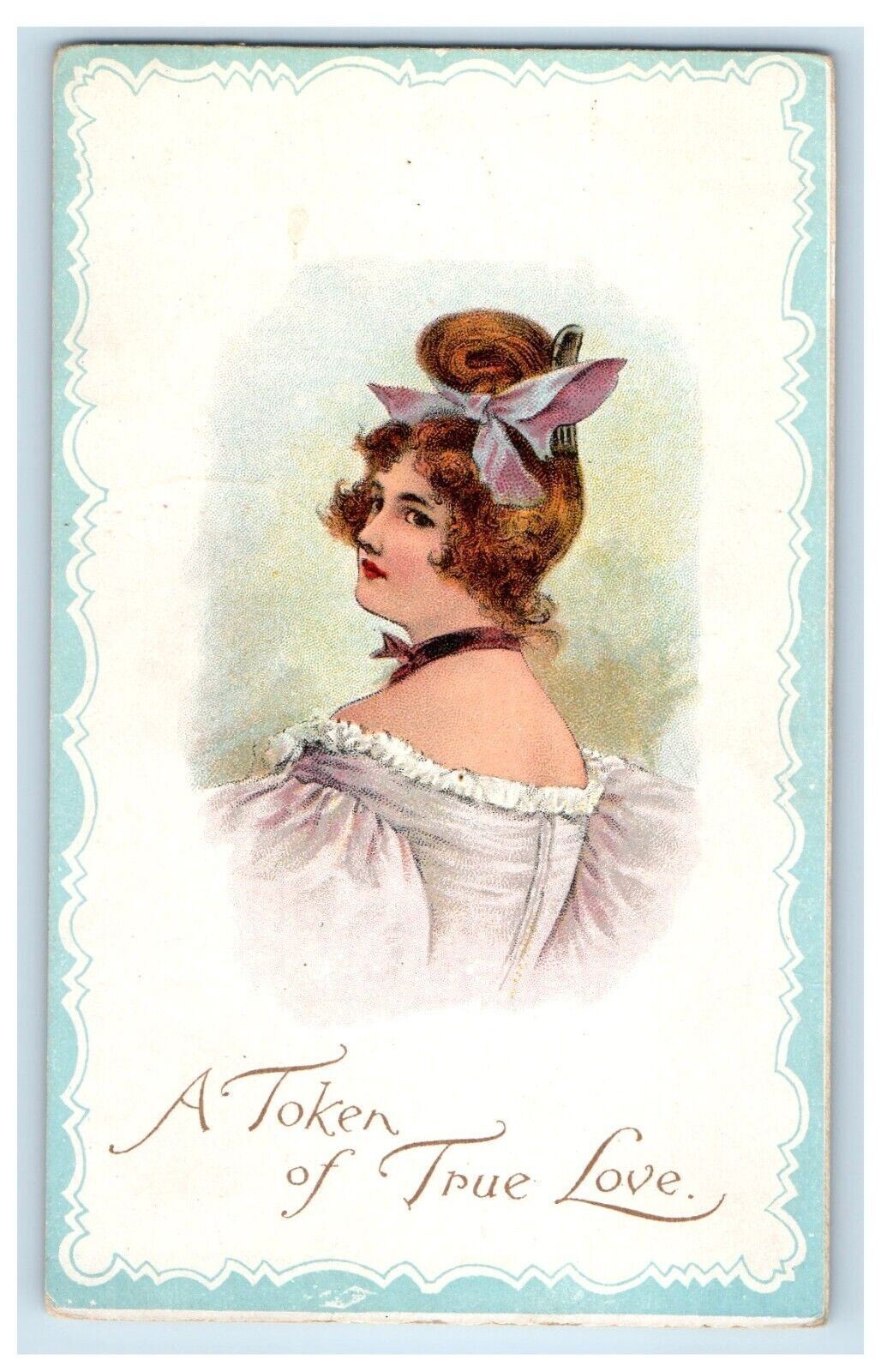 c1905 Pretty Victorian Girl Pony Ribbon Curly Hair Unposted Antique Postcard