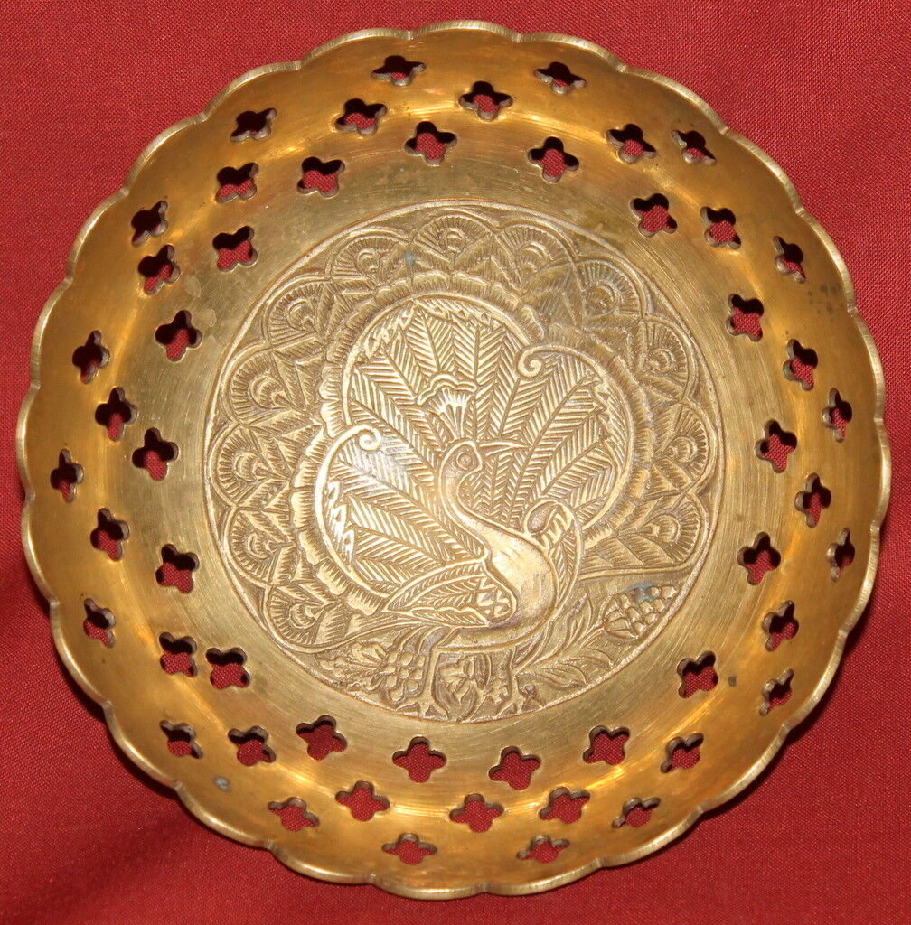 Vintage Solid Brass Peacock Relief Footed Bowl