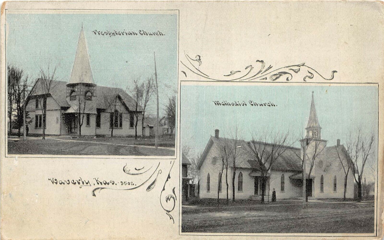 Waverly Kansas c1908 Postcard Presbyterian Church & Methodist Church 
