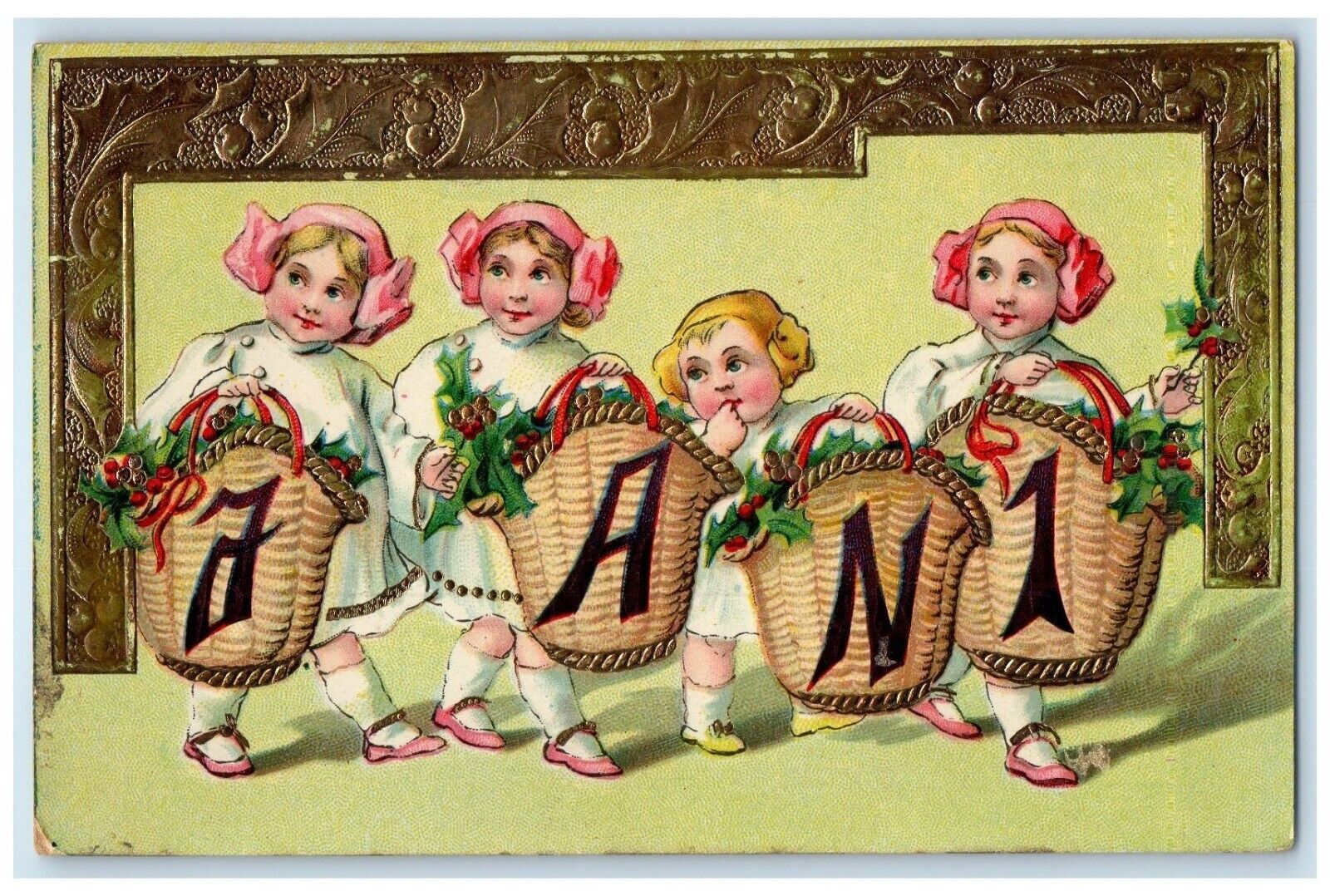 c1910\'s New Year Jan 1 Cute Girls Berries In Basket Gel Gold Gilt Postcard