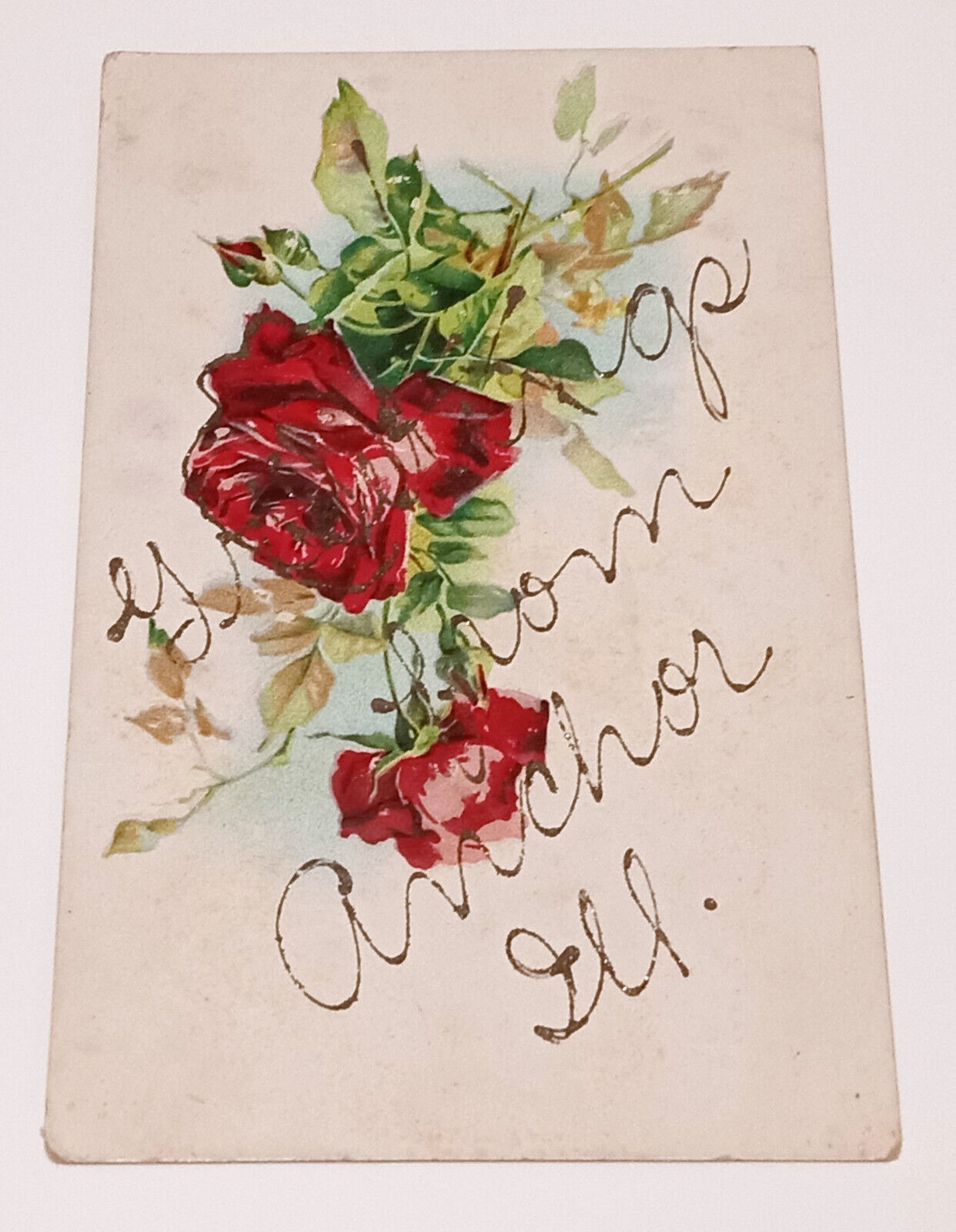 Anchor Illinois IL Greeting Postcard Glitter Writing Rose Flowers