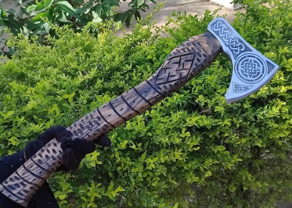 Handmade Etched Carbon Steel Blade Viking Throwing Axe - Ashwood Carved Handle