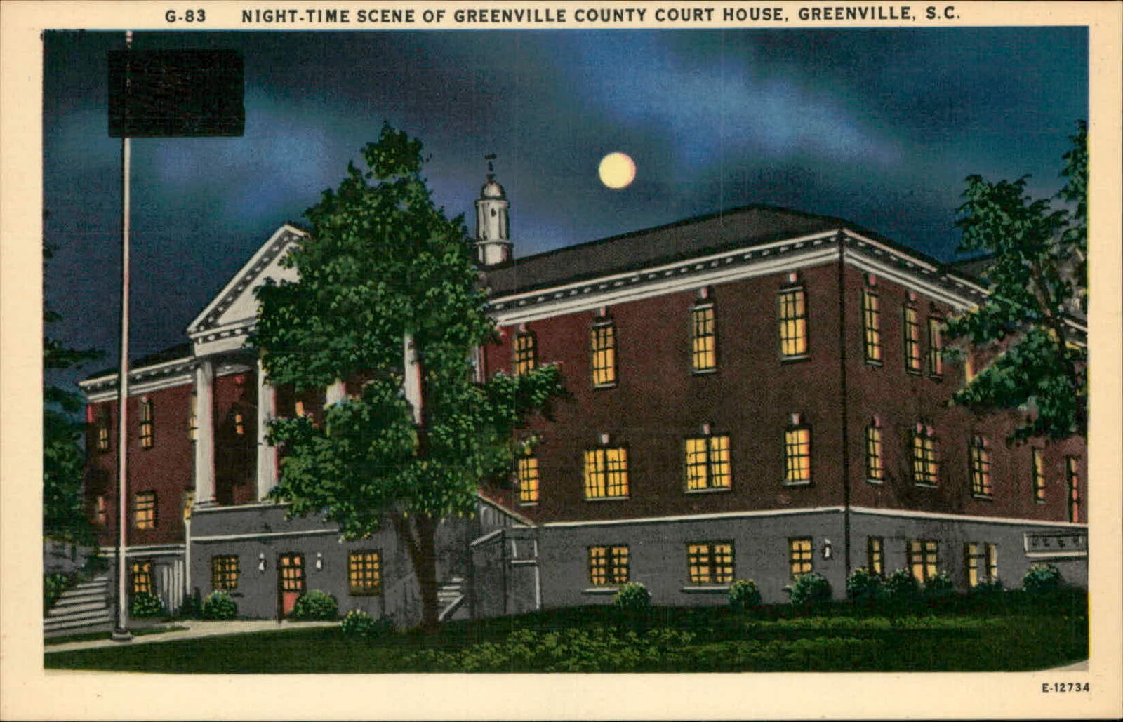 Postcard: G-83 NIGHT-TIME SCENE OF GREENVILLE COUNTY COURT HOUSE SC