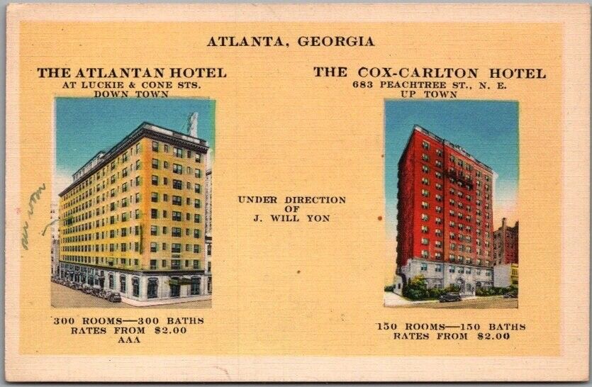 Atlanta, Georgia Postcard ATLANTAN HOTEL / COX-CARLTON HOTEL - Linen c1940s