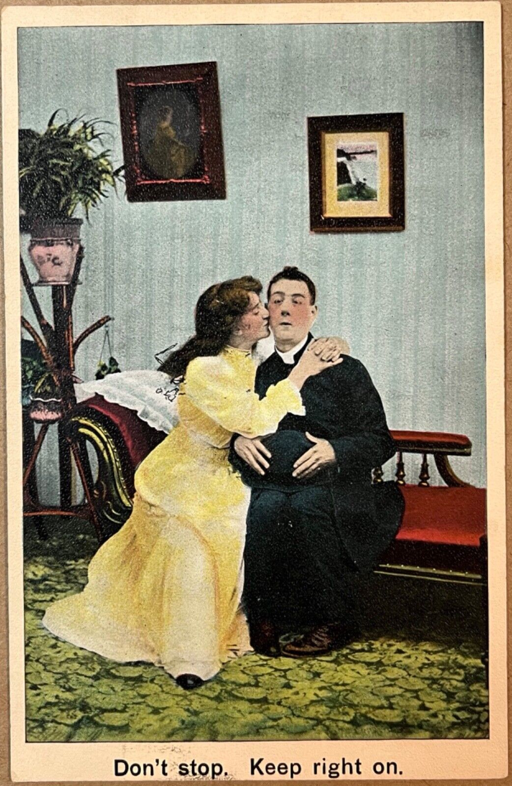 Romantic Couple Pretty Lady Kisses Shy Man Minister Vintage Love Postcard 1907