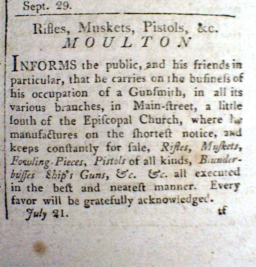 1810 Providence RHODE ISLAND newspaper w GUNSMITH AD for Rifles MUSKETS Pistols