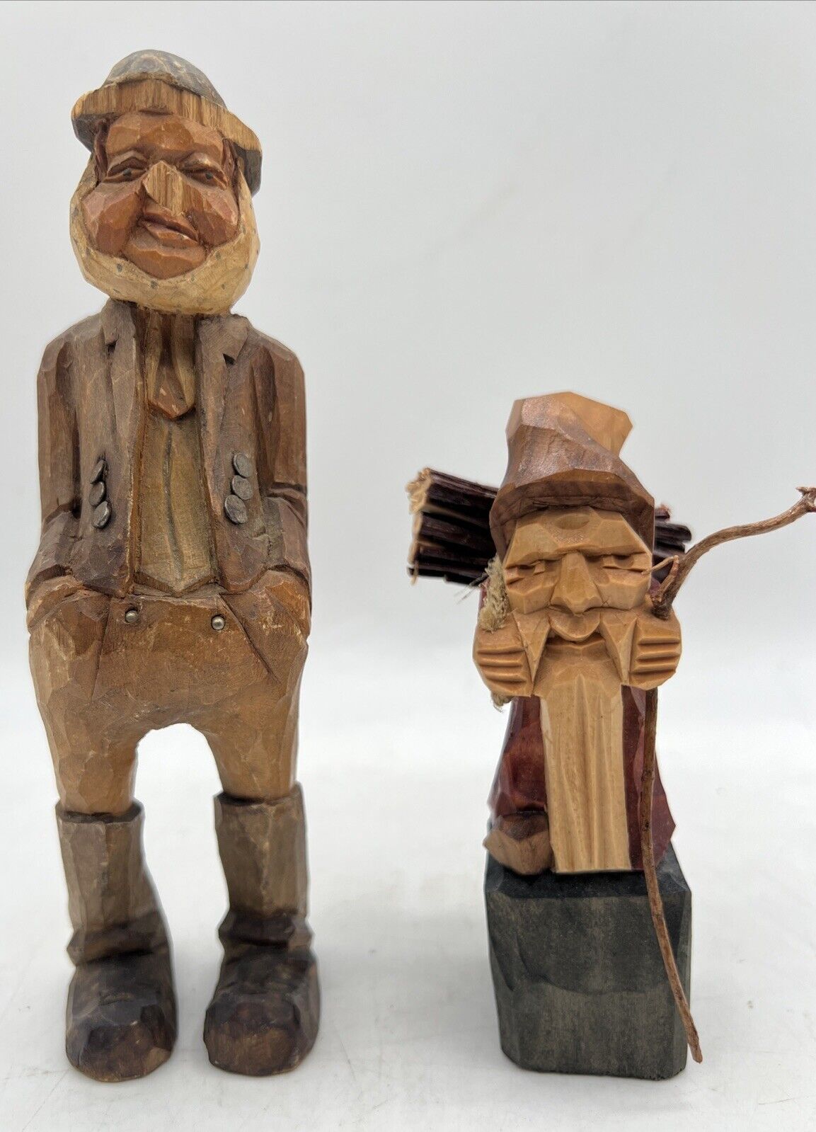 Vintage Hand Carved Wood Folk Art Figurines “Man Hands In Pockets” and “Gnome”