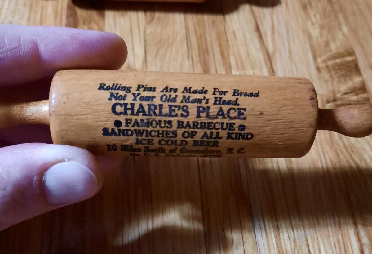 Vintage Wood Advertising Rolling Pin Charlie\'s place Greensboro NC
