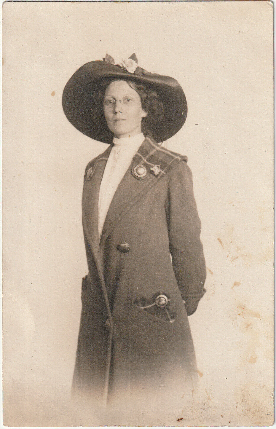 c1907-15 RPPC Woman in Wool Coat and Sun hat , Antique Women’s Fashion Postcard