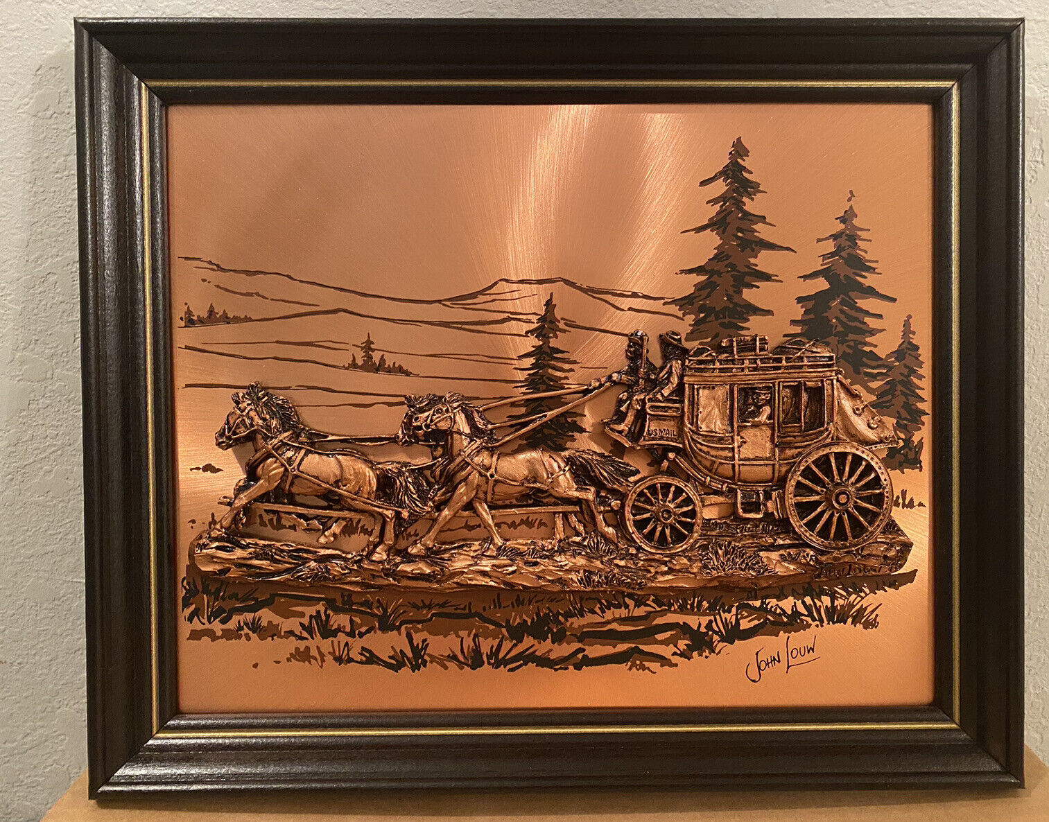 Vintage 70s John Louw 3D Copper US Mail Stagecoach 16X13 Wood Framed Picture