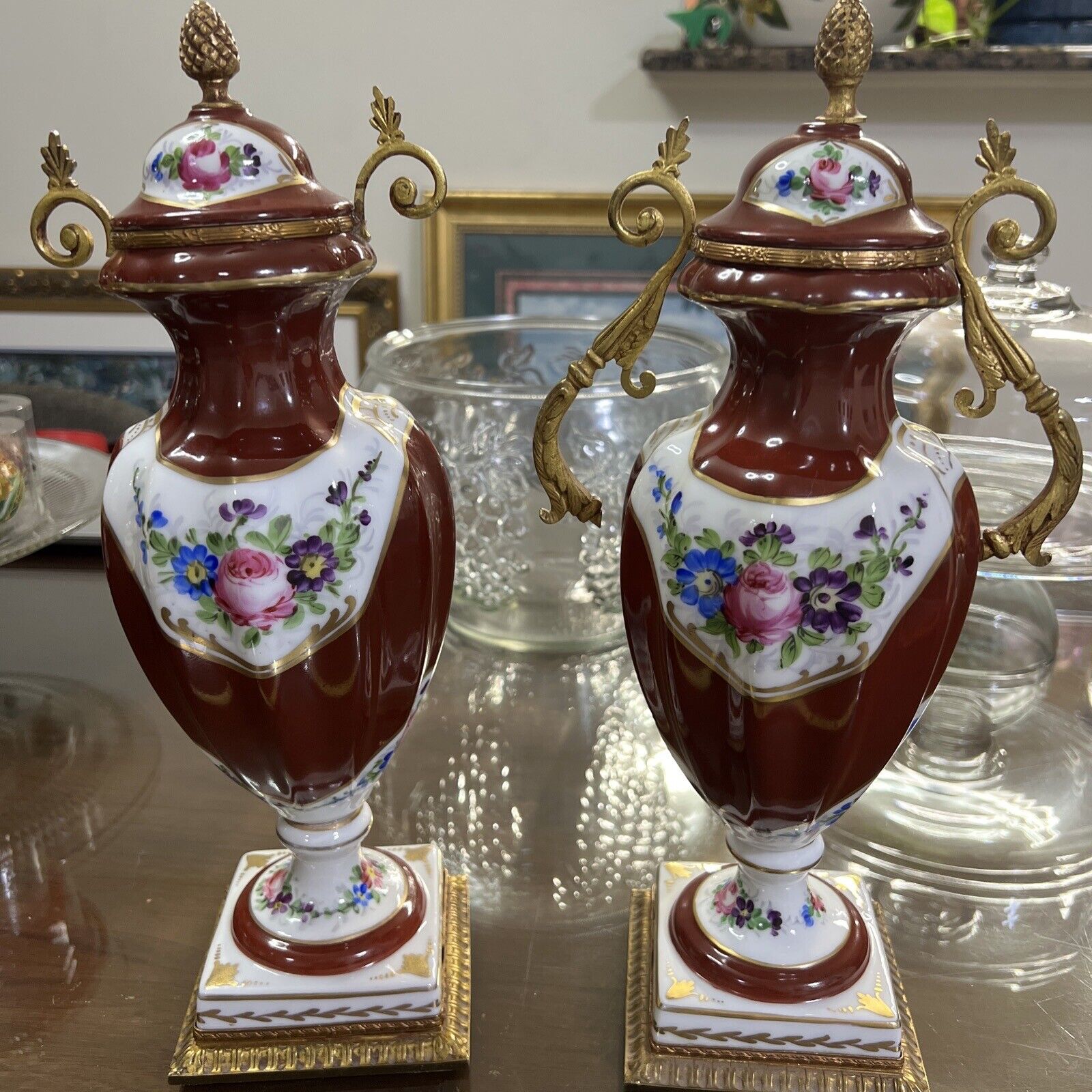 Vintage French Hand Painted  Burgundy Gold Pair of Porcelain & Brass Urns, 15 In