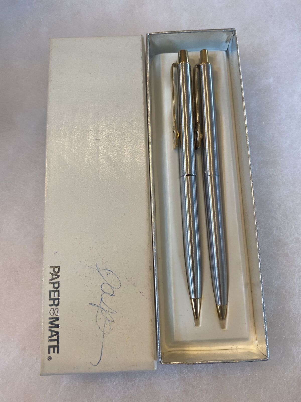 Vintage Paper Mate Slim Grip Profile Gold  & Chrome Ball Point Pen & Pencil Set