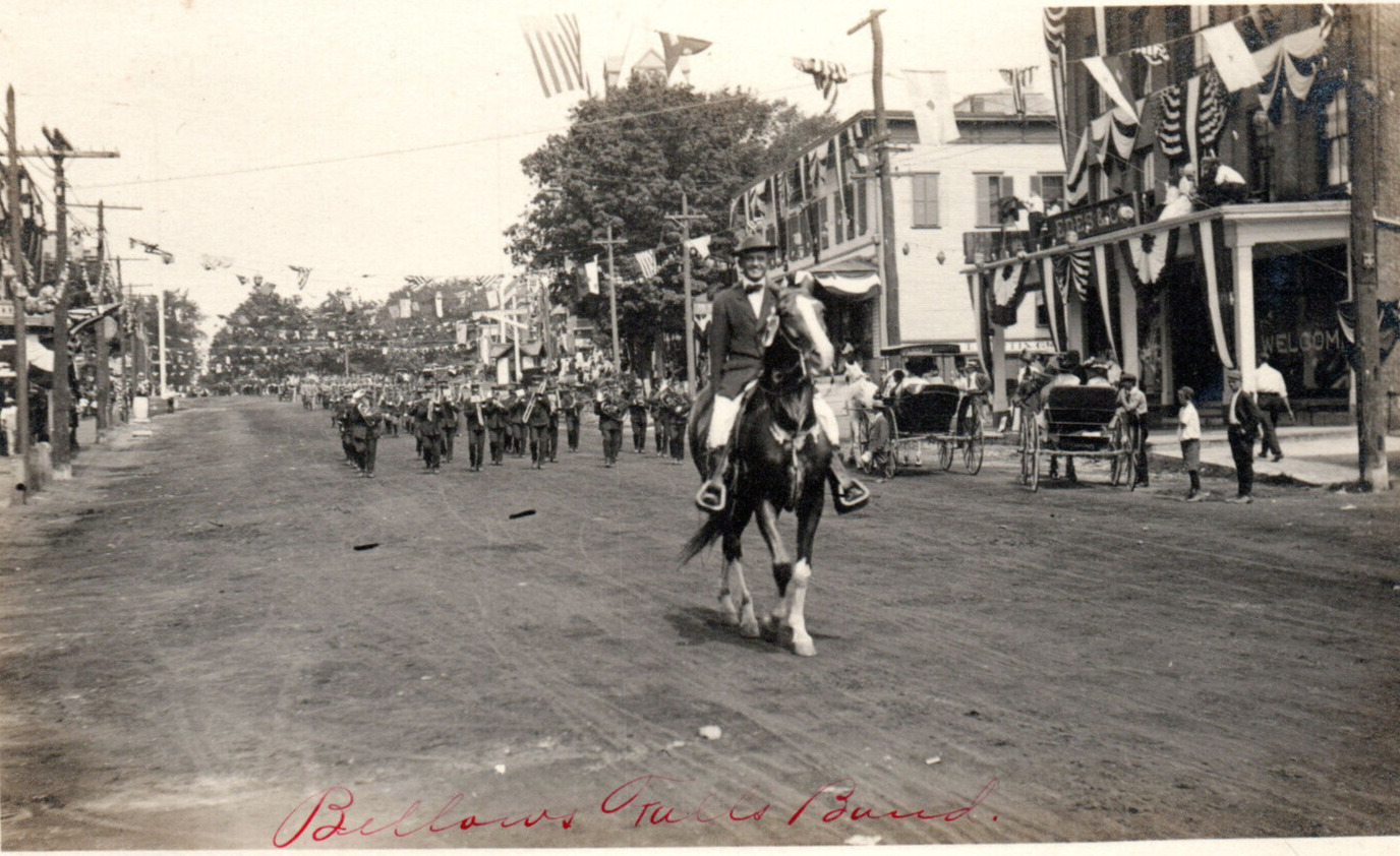 Bellows Falls Vermont Band Parade Patriotic Horse RPPC Real Photo Postcard