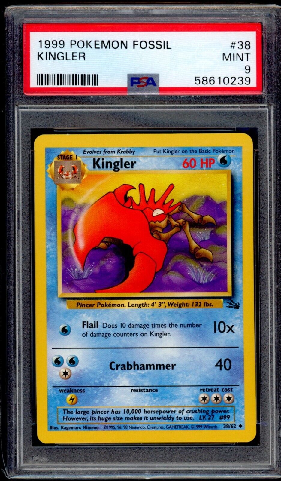 PSA 9 Kingler 1999 Pokemon Card 38/62 Fossil