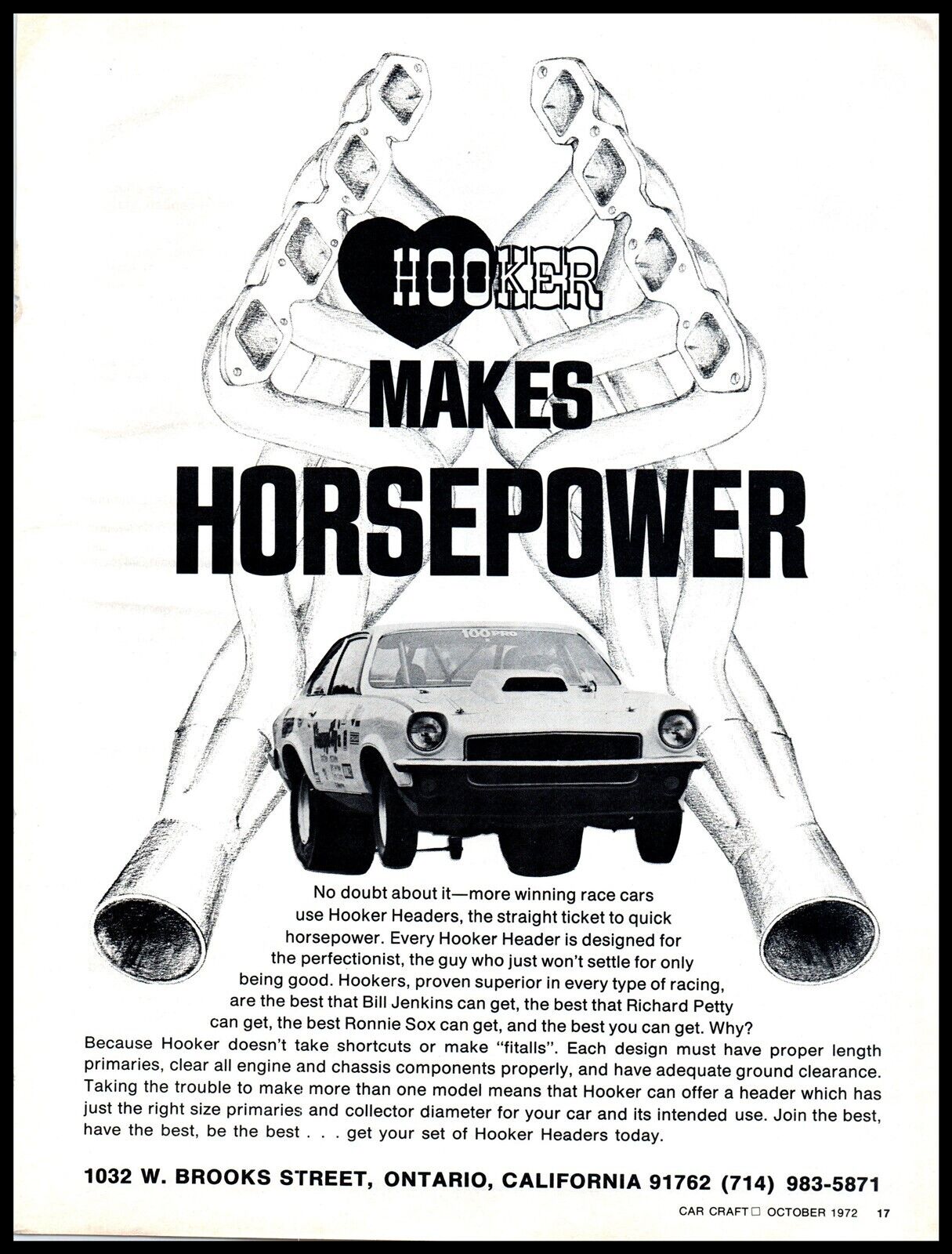 1972 Magazine Print Ad - HOOKER HEADERS Richard Petty Bill Jenkins Ronnie Sox A7