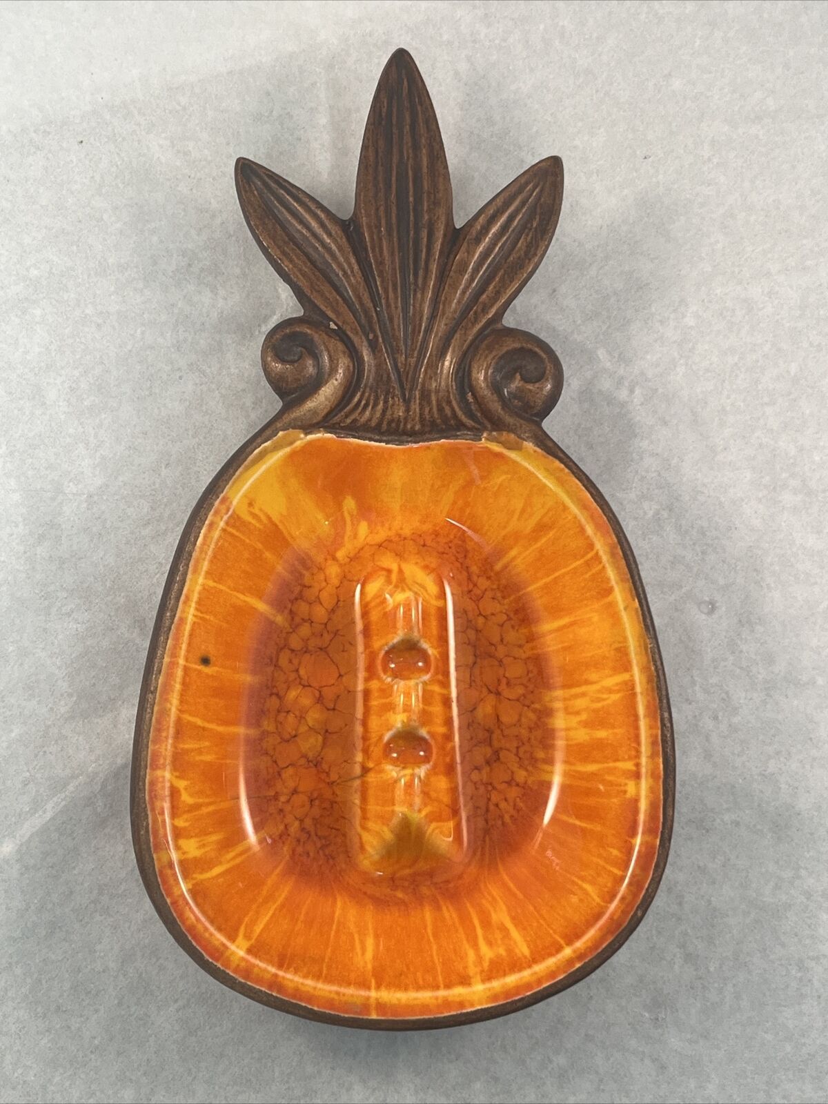 Vintage Treasure Craft Pineapple Ashtray Maui 1963 MCM Orange Lava Glaze