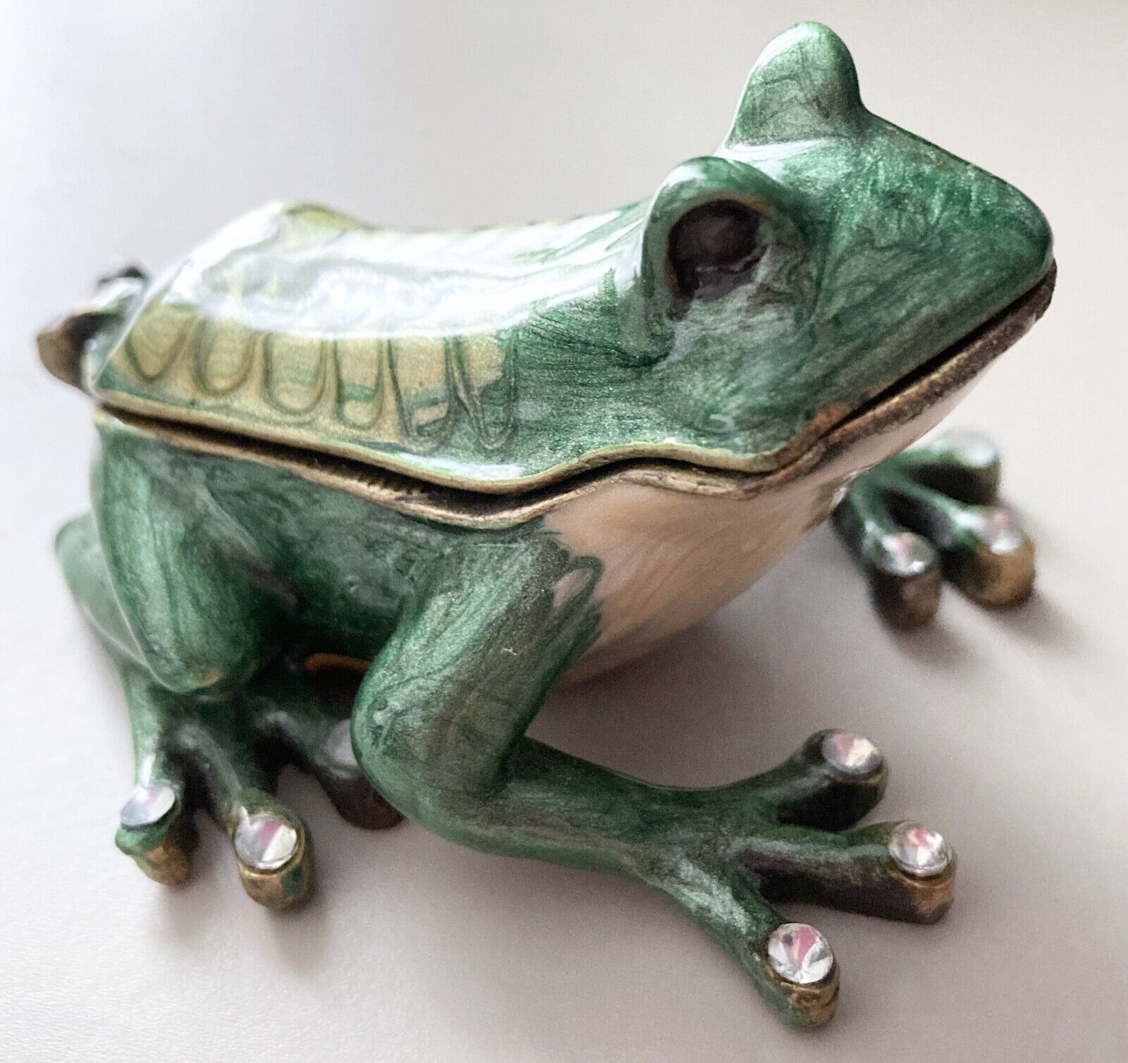 Green Frog Trinket Box Rhinestone Enamel Metal Nice Toad Figure Prince Jewelry 