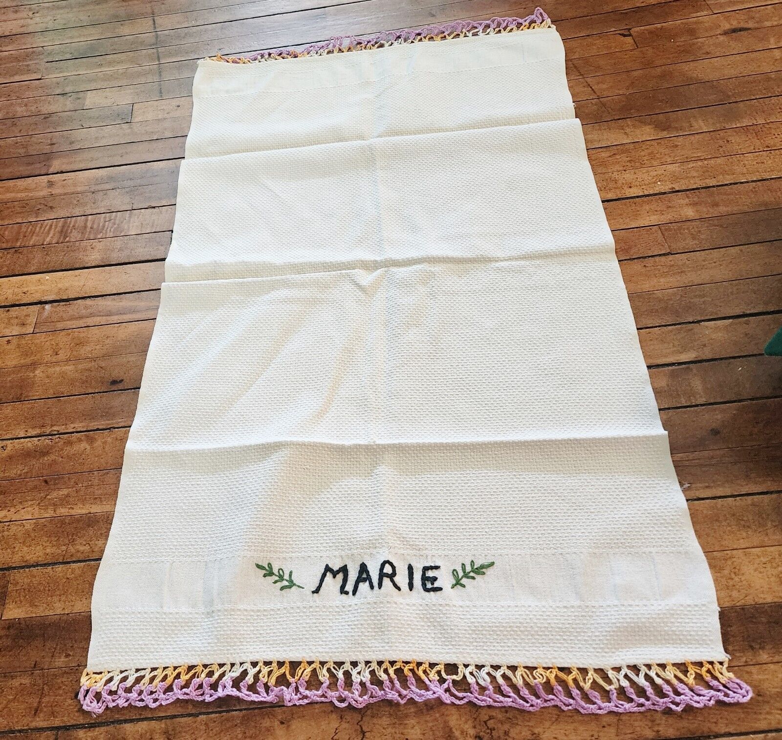 Vth Estate Kitchen Tea Towel 17x32 Inch w Crocheted Ends and MARIE Embroidered