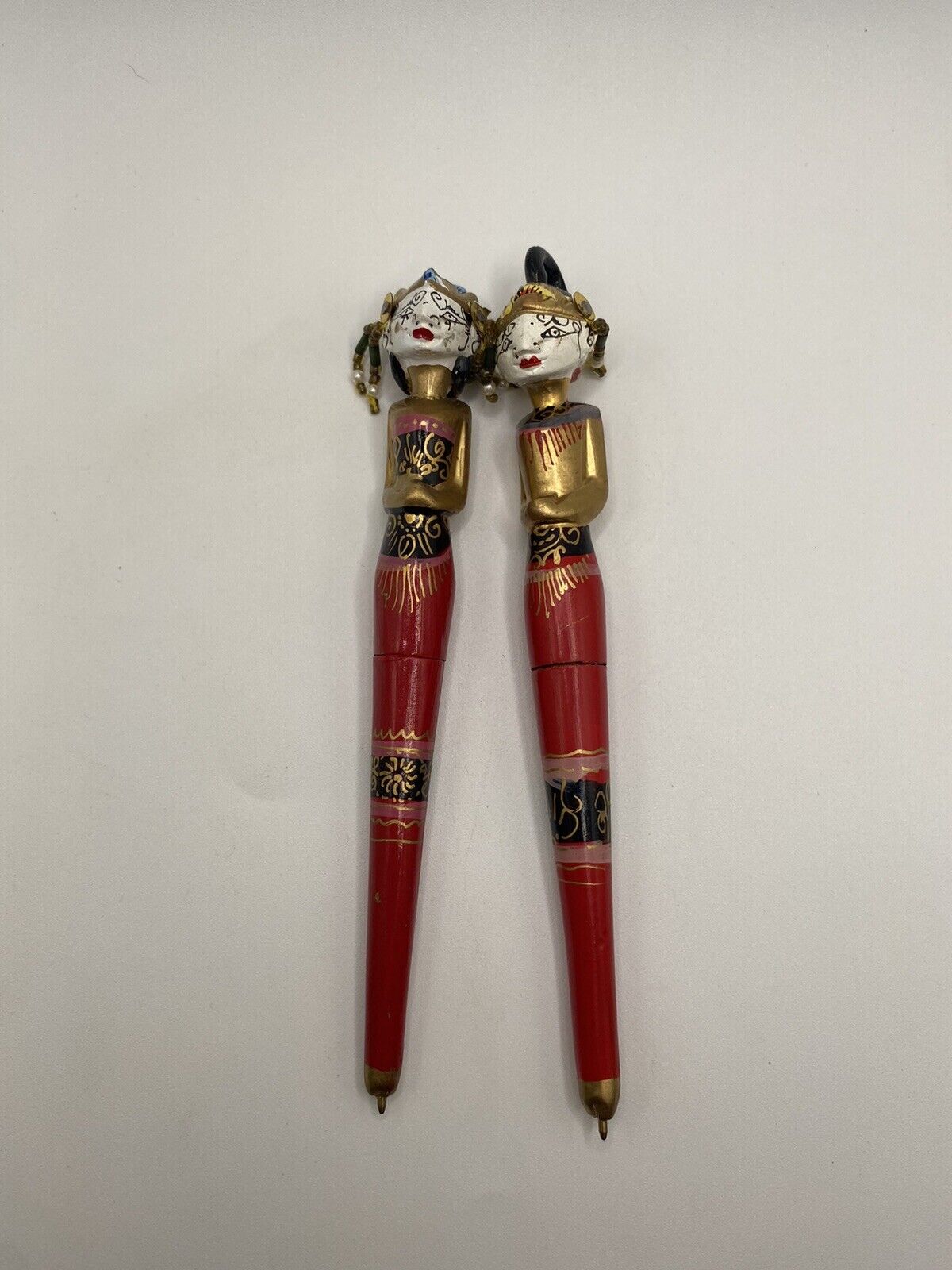 2 Vintage Wayang Golek Handmade And Painted Pen Puppets. Art. Office. Antique.