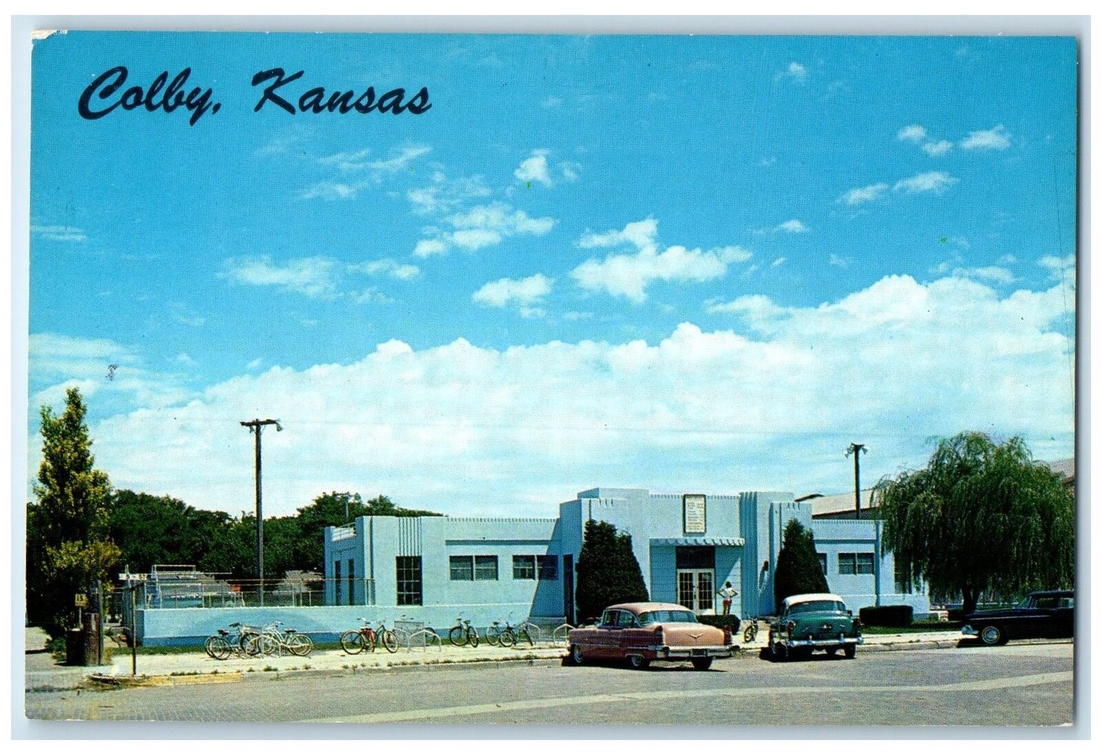c1950's Colby Municipal Swimming Pool Entrance Classic Car Colby Kansas Postcard