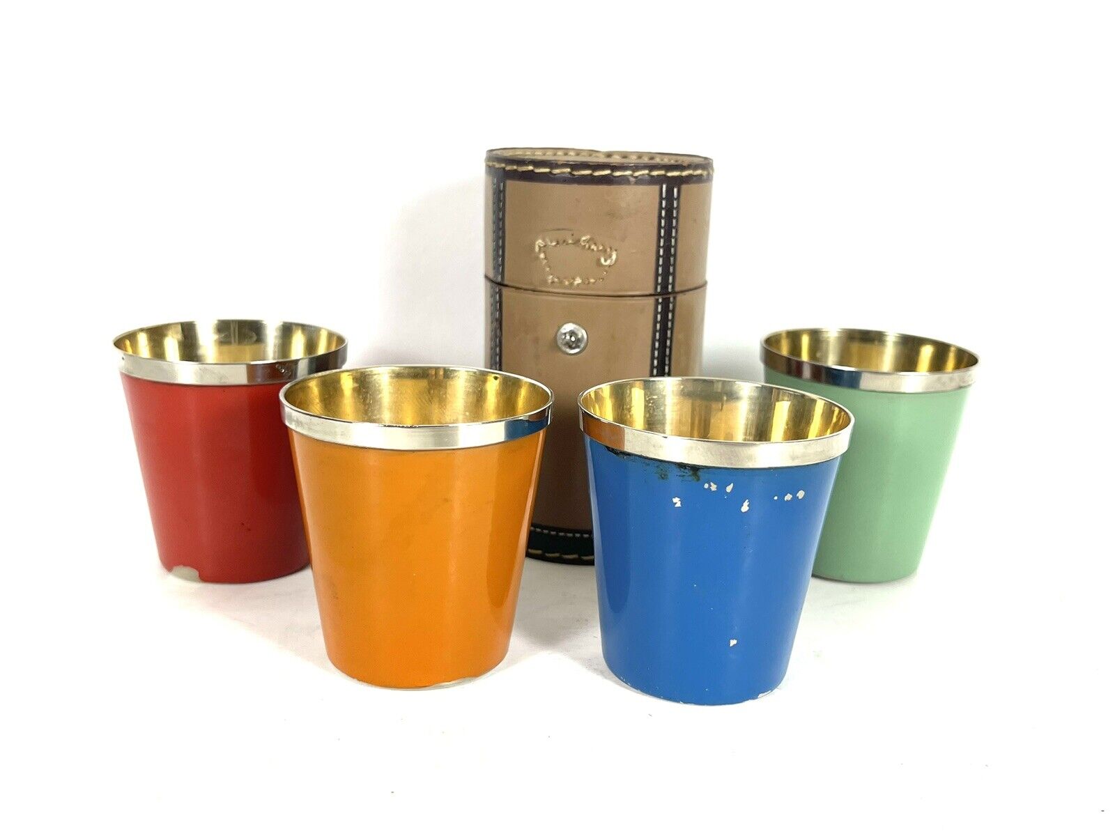 Vintage Mid Century Modern Colored Shot Glasses With Case 
