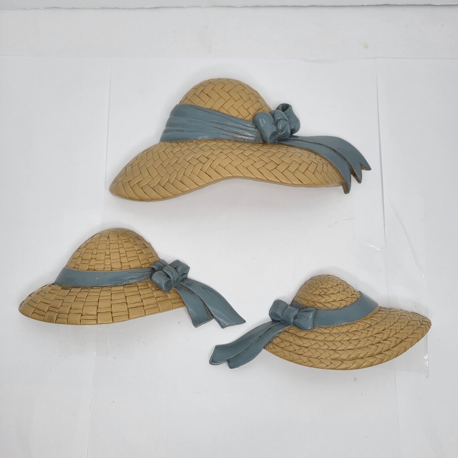 (3) Vintage Burwood Plastic Straw Wall Hanging Hats Summer Home Garden Decor MCM