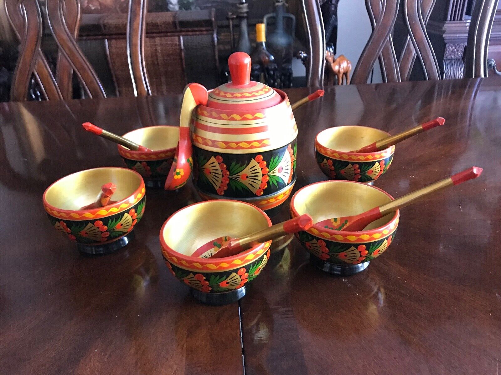 Vintage Khokhloma Russian Culture Table Set For Six Person