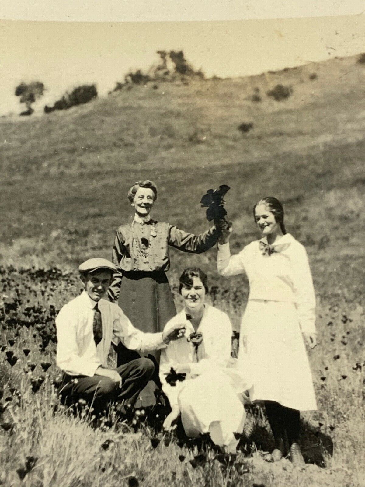 (AmF) Early FOUND Photo Photograph Family In Hills Picking Flowers Artistic 
