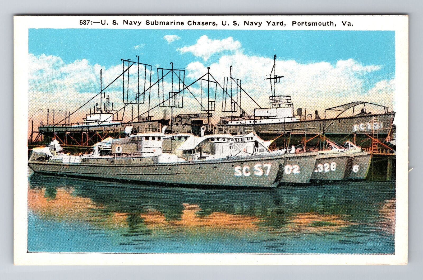 Portsmouth VA-Virginia, US Navy Sub Chasers, Navy Yard, Antique Vintage Postcard