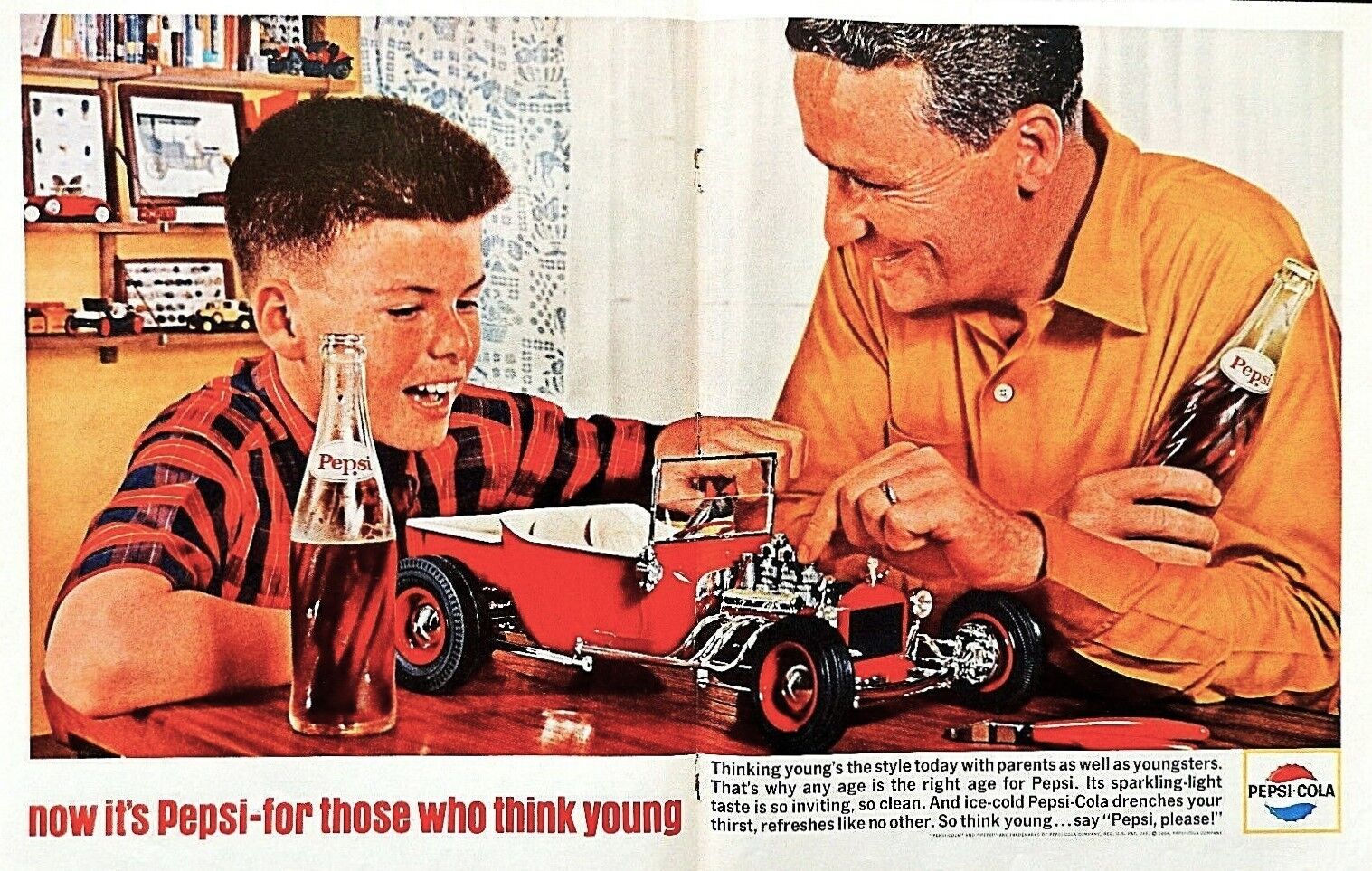 Pepsi Cola ad vintage 1964 father son car original center fold advertisement