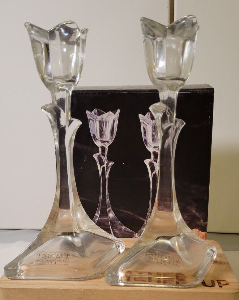 Vintage Pair Toscany Crystal Tulip Design Candle Holders In Original Box