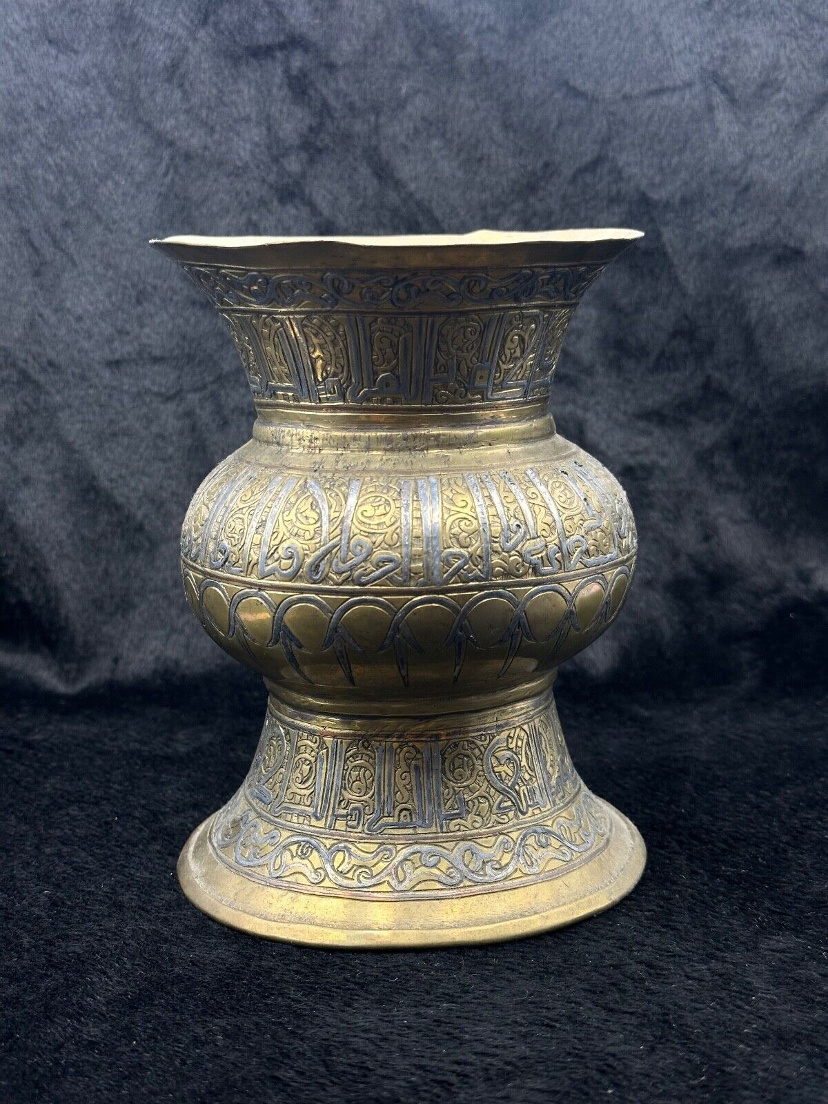 Antique Bronze Carved Inlay With Silver Museum Quality Egyptian Flower Vase