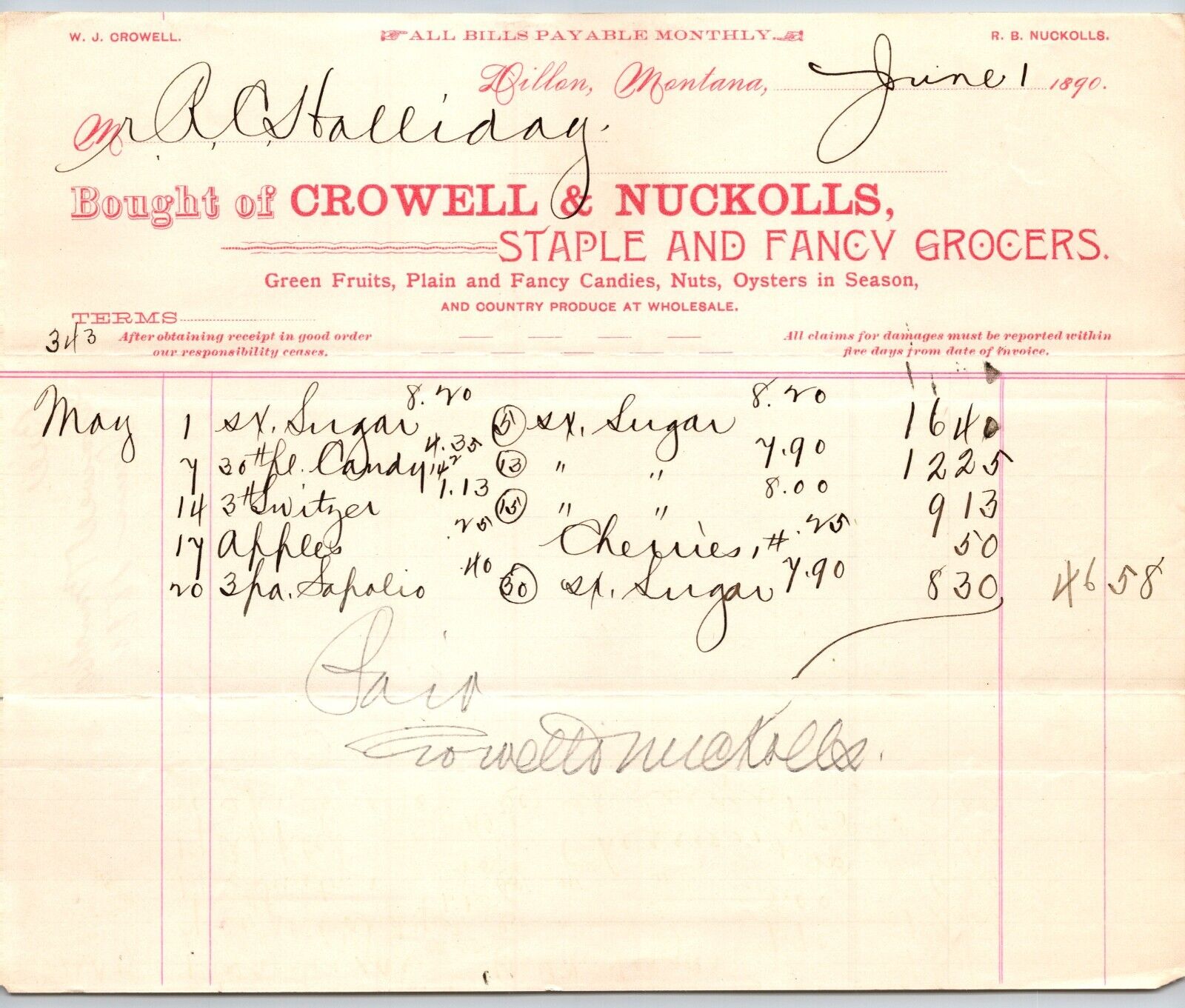 Dillon MT Crowell & Nuckolls June 1890 Billhead Fancy Groceries R.C. Halliday*