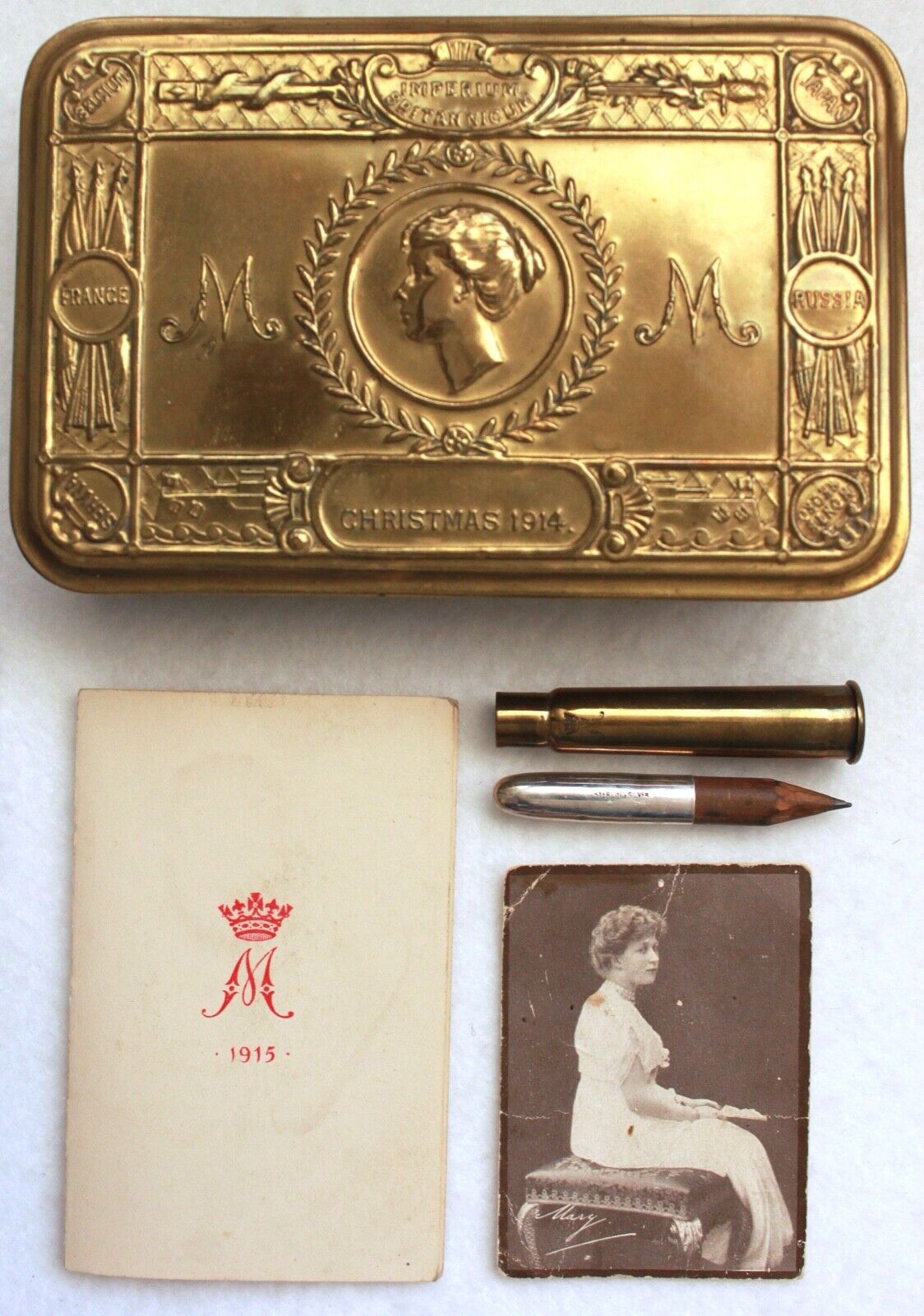 Original WW1 Princess Mary Christmas Gift Fund Tin, Card, Photo & Bullet Pencil