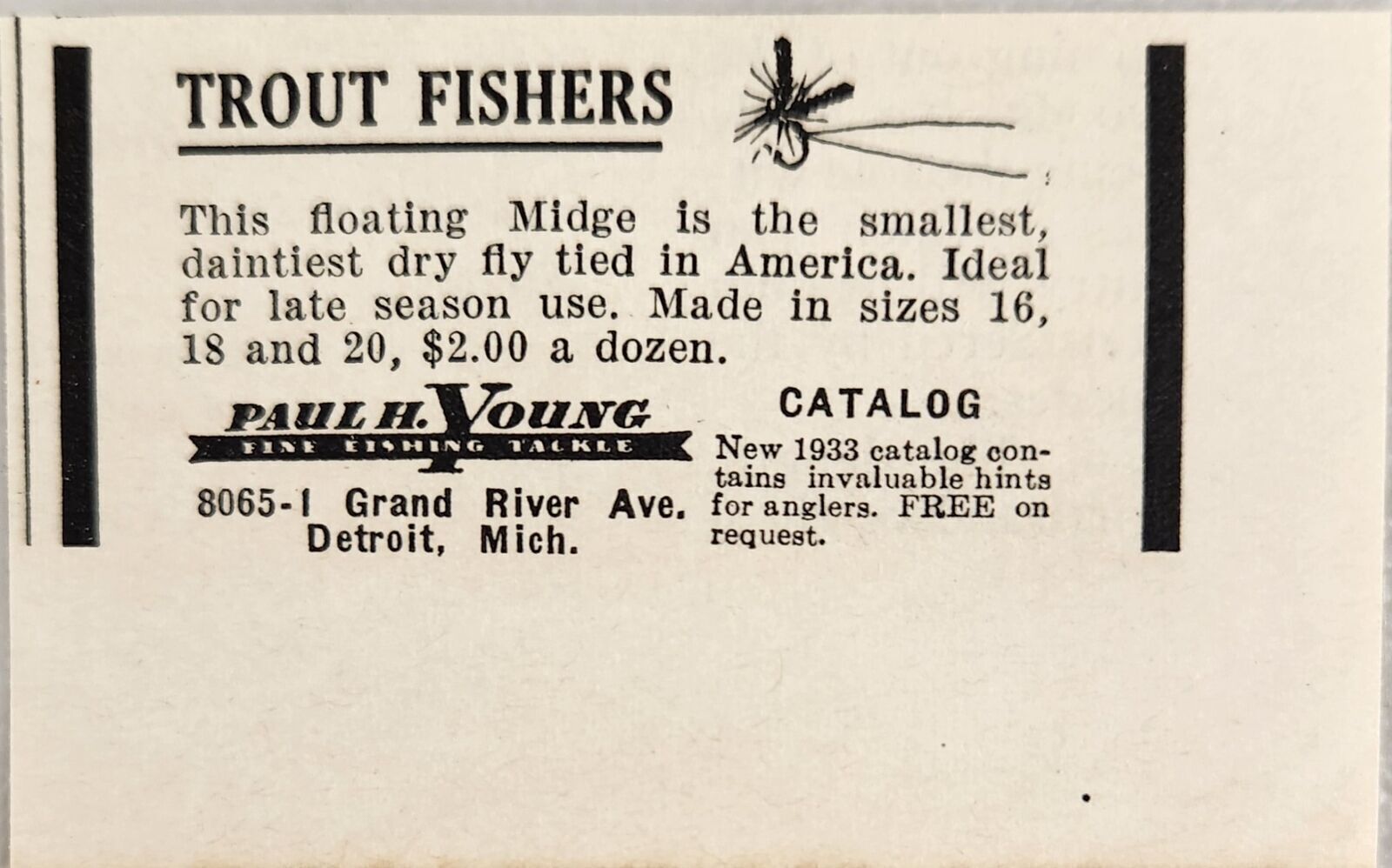 1933 Print Ad Paul H. Young Floating Midge Dry Fly Fishing Lures Detroit,MI