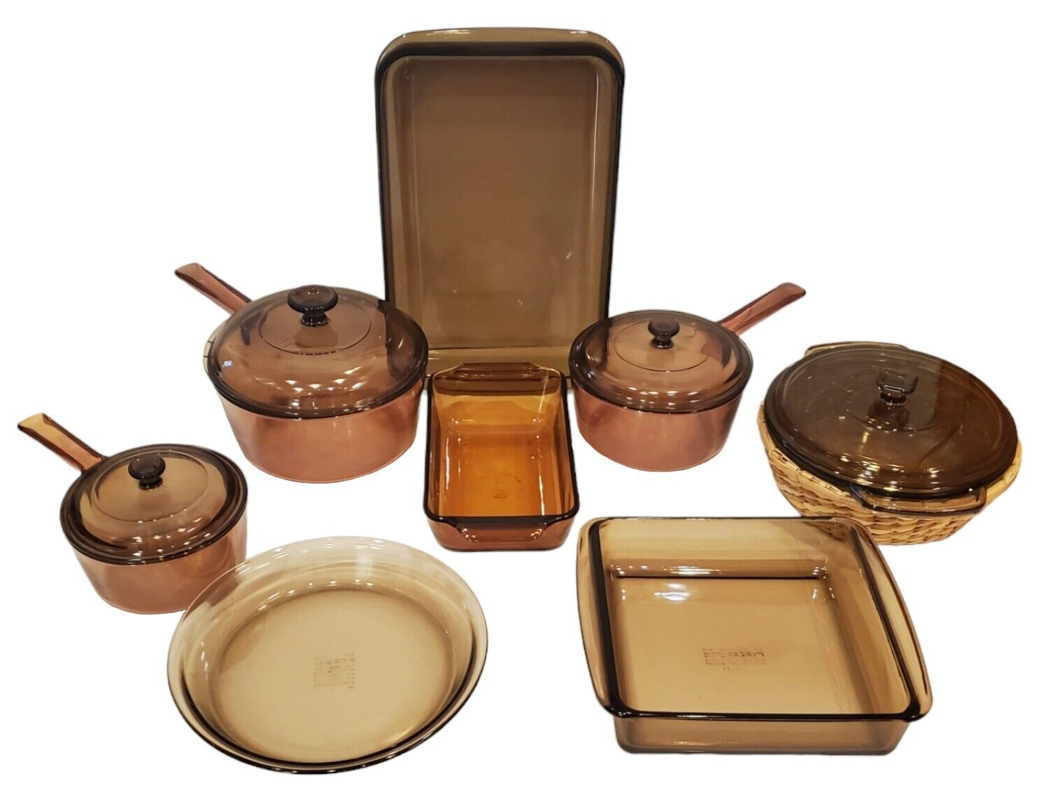 Set of 12 Vision WARE Visions Corning Pyrex Amber Brown Glass Cookware w/ Lids