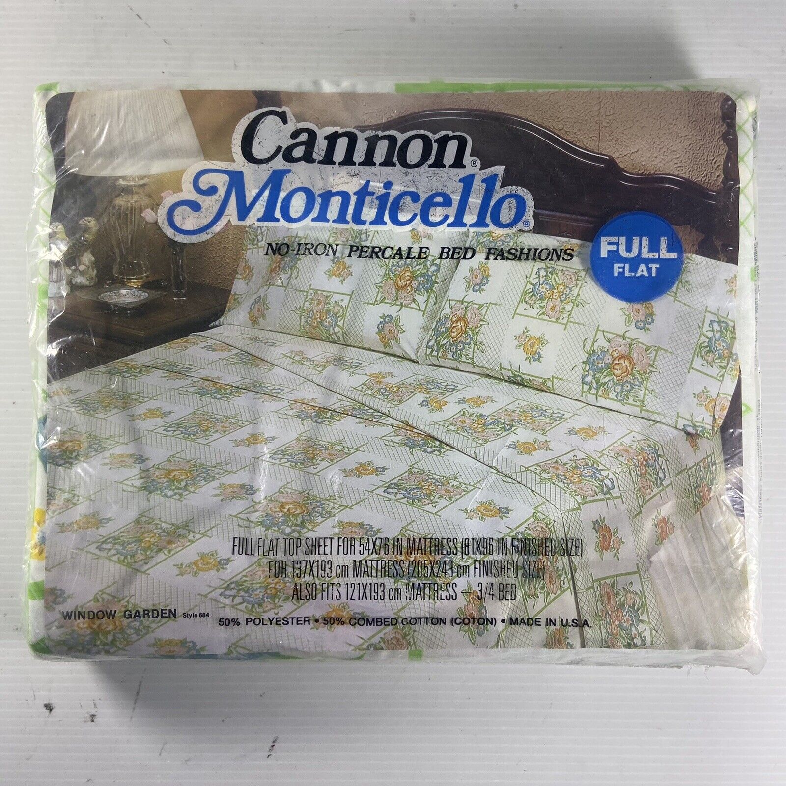 NIP VTG MCM Cannon Monticello Cotton White Floral Full Flat Bed Sheet 54x76