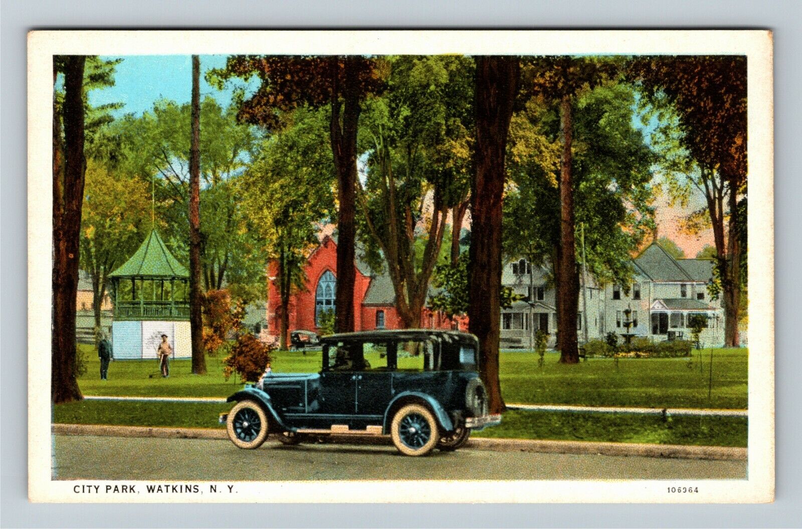 Watkins NY-New York, City Park, Band Shell, Classic Auto Vintage Postcard