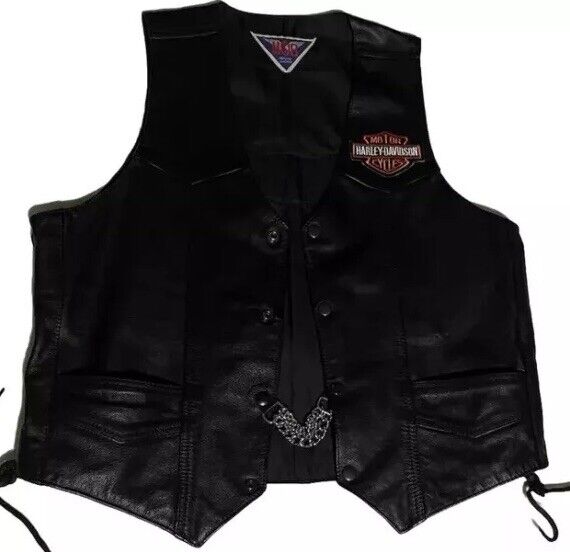 MOB Genuine Leather Vest W/ Harley Davidson Patches. Length 24 Width 41.