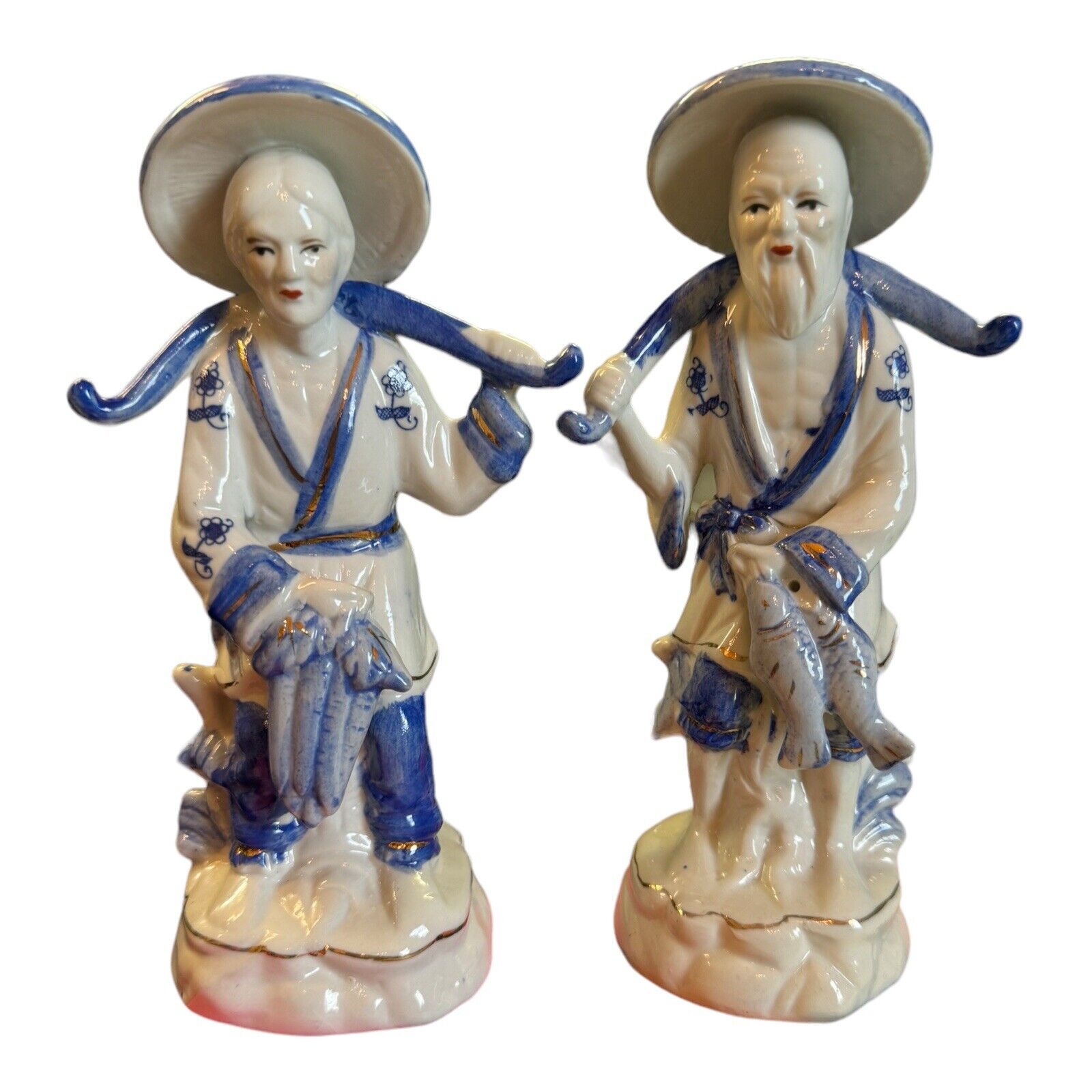 Asian Fisherman Couple Vintage .Blue & White Porcelain Figurine Statues 10inch