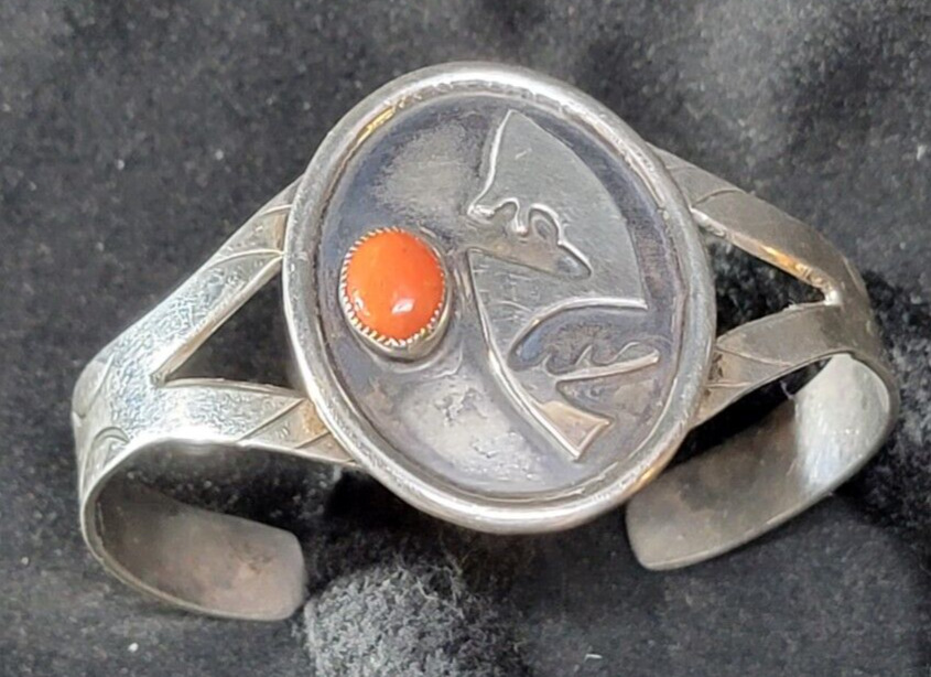 Native American Navajo Silver with Coral Stone and Overlay Design