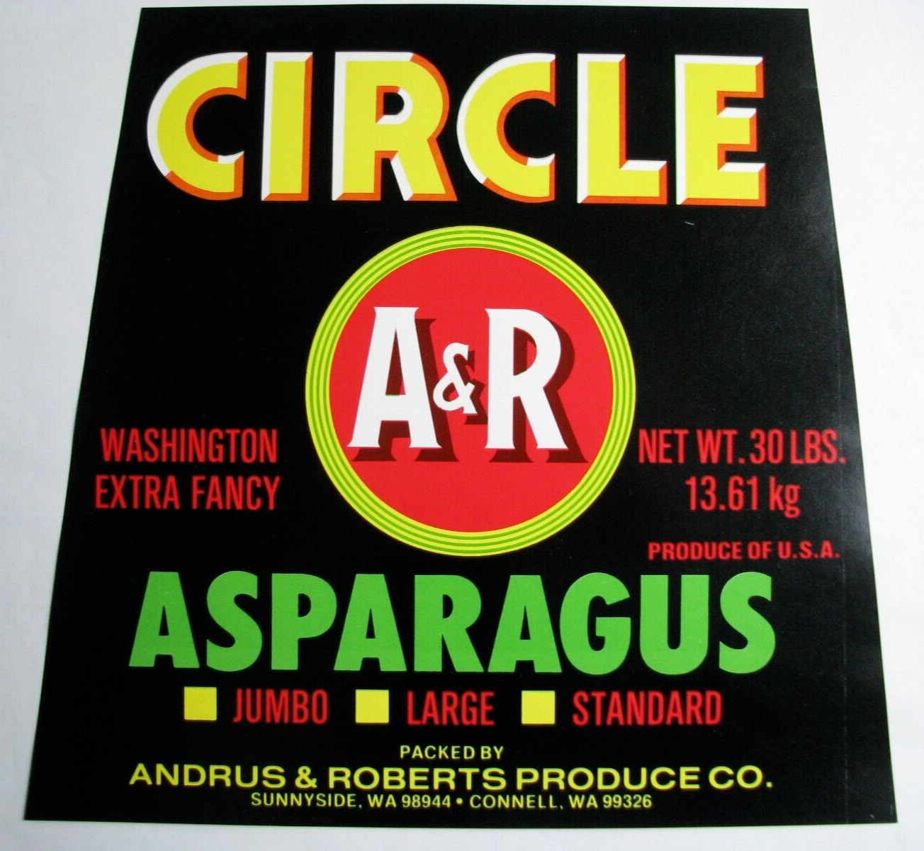 Original scarce CIRCLE A&R asparagus crate label Andrus Robert Sunnyside Connell