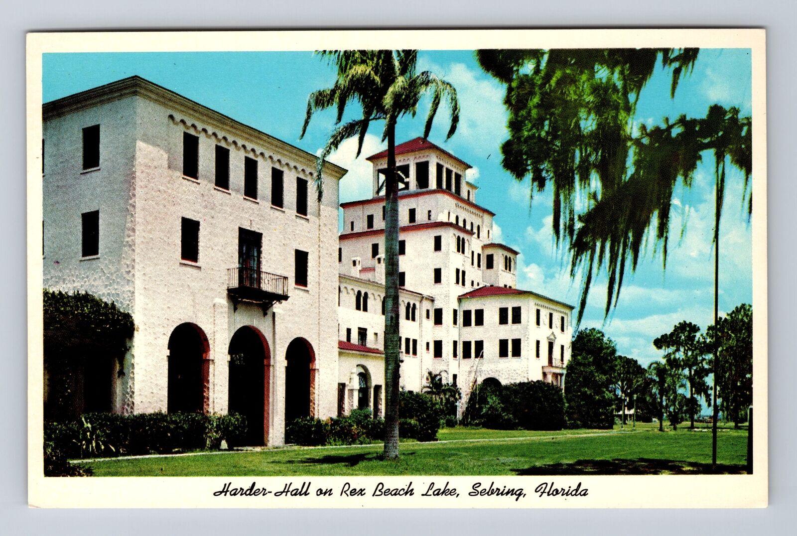 Sebring FL-Florida, Harder Hall, Rex Beach Lake, Antique Vintage Postcard