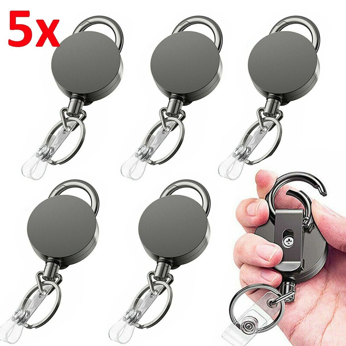 5pcs Retractable Heavy Duty Pull Ring Key Chain Recoil Keyring Wire Rope Holder