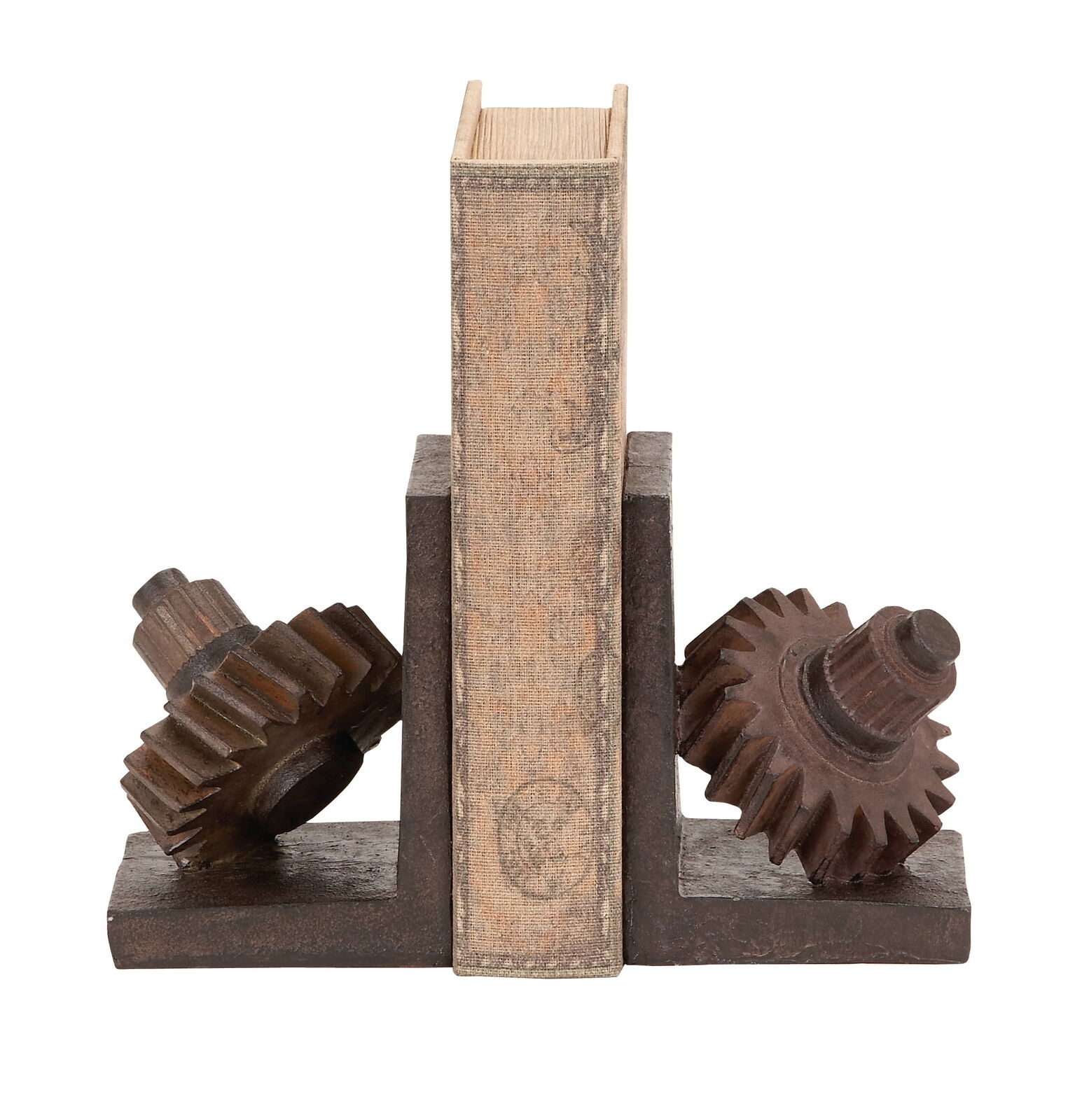BOOKENDS Polystone Brown Industrial Leaning Gear Book Ends Set of 2 DECMODE