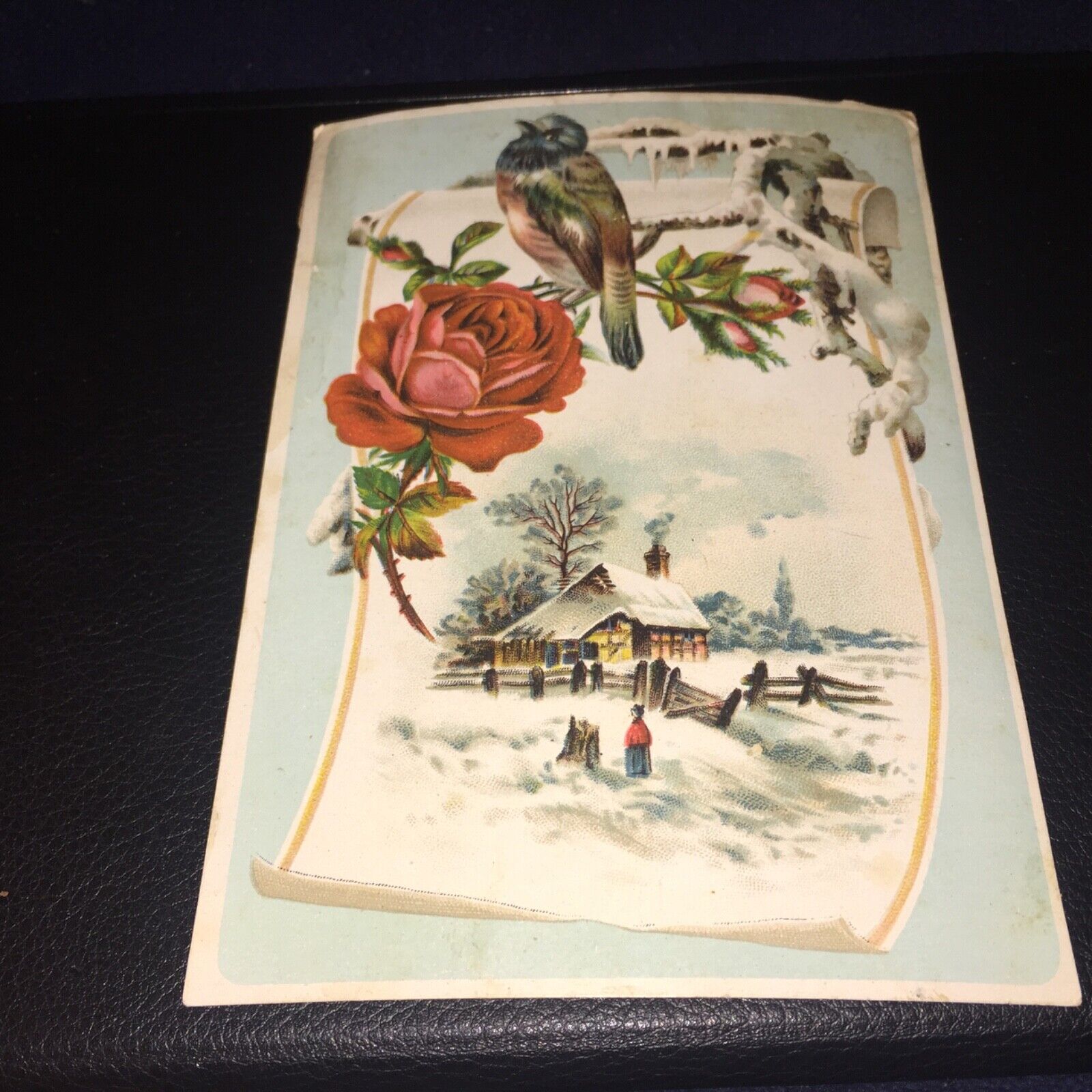 VINTAGE 1880’s VICTORIAN RED ROSE & BIRD OVER A HOUSE IN THE WINTER CARD 