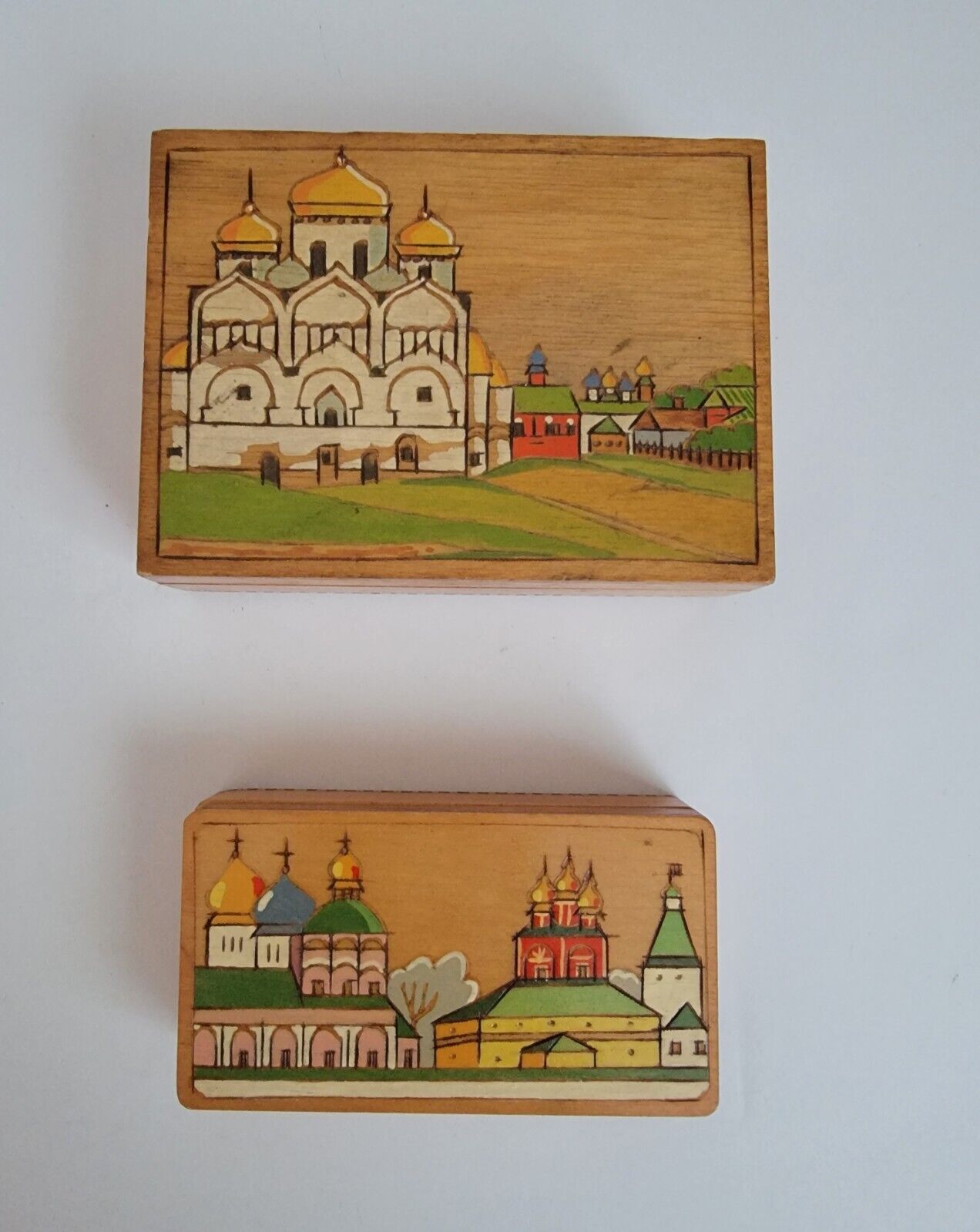 2 Vintage USSR Wooden Hand Carved Painted Trinket Box Churches 6X4X2- 5X3X1.5