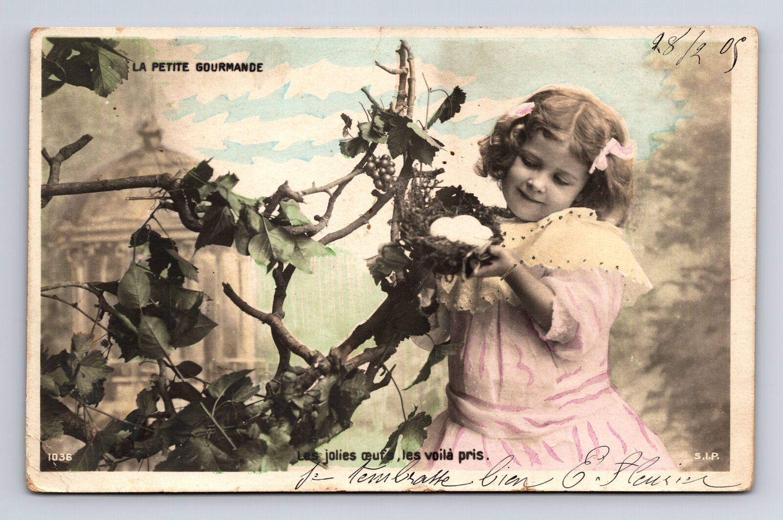 c1905 RPPC Young French Girl Bird\'s Nest Eggs Petite Gourmande SIP UDB Postcard