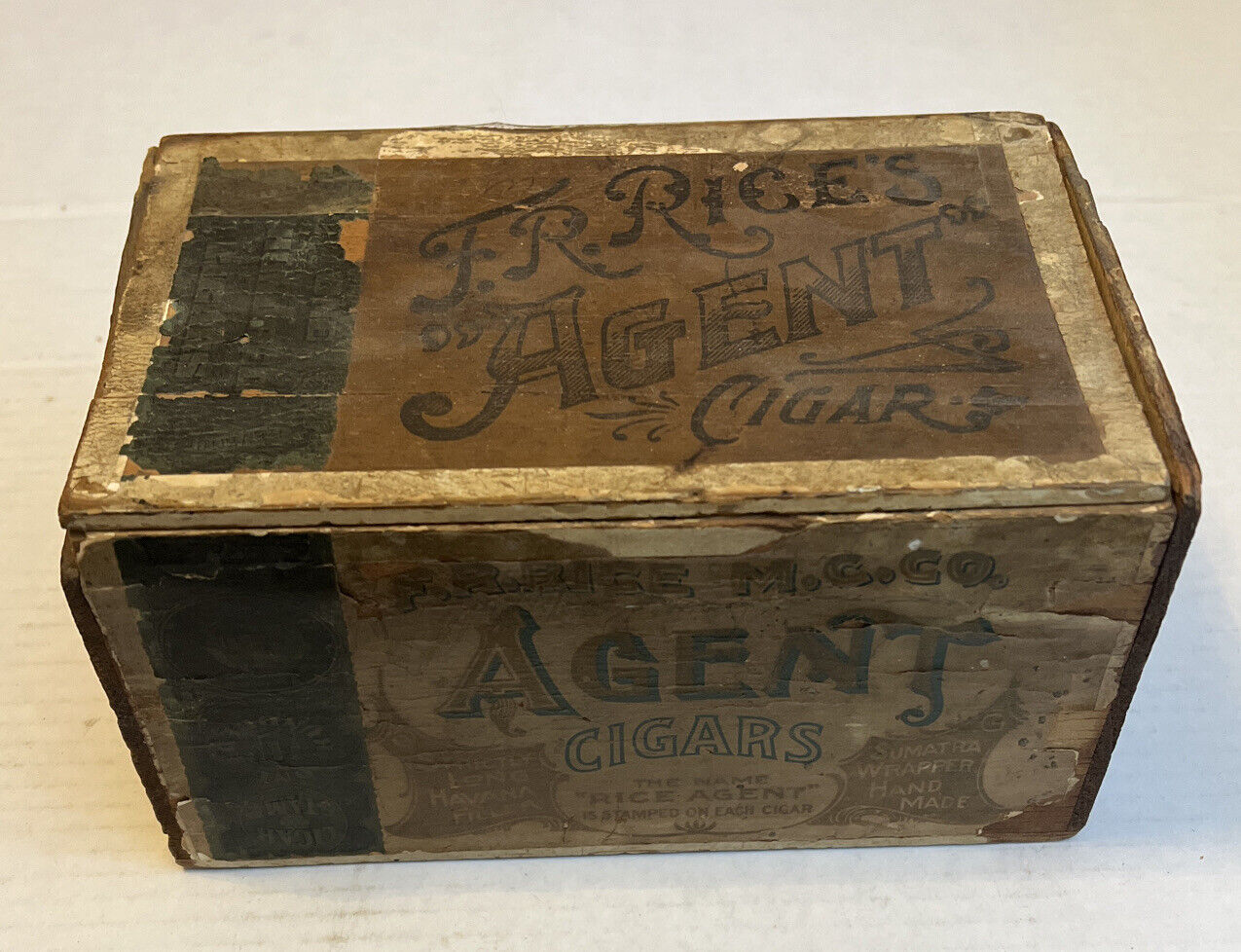 Agent Cigar Box 1901 Tax Stamp F.R. Rice M. Co. St Louis MO. Antique